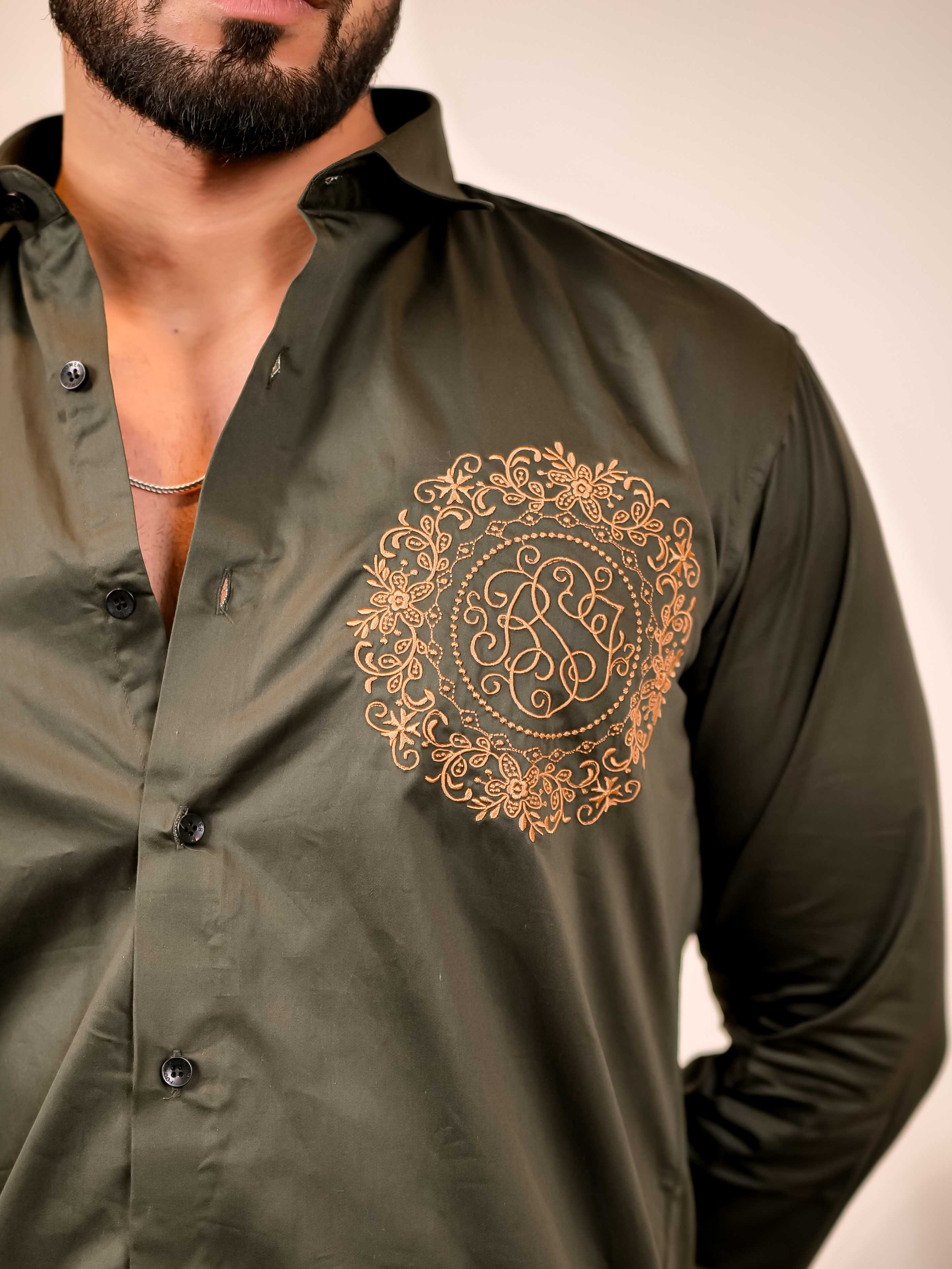 Ancient feel Olive Green Embroidered Club Wear Satin Cotton Shirt - Image 2