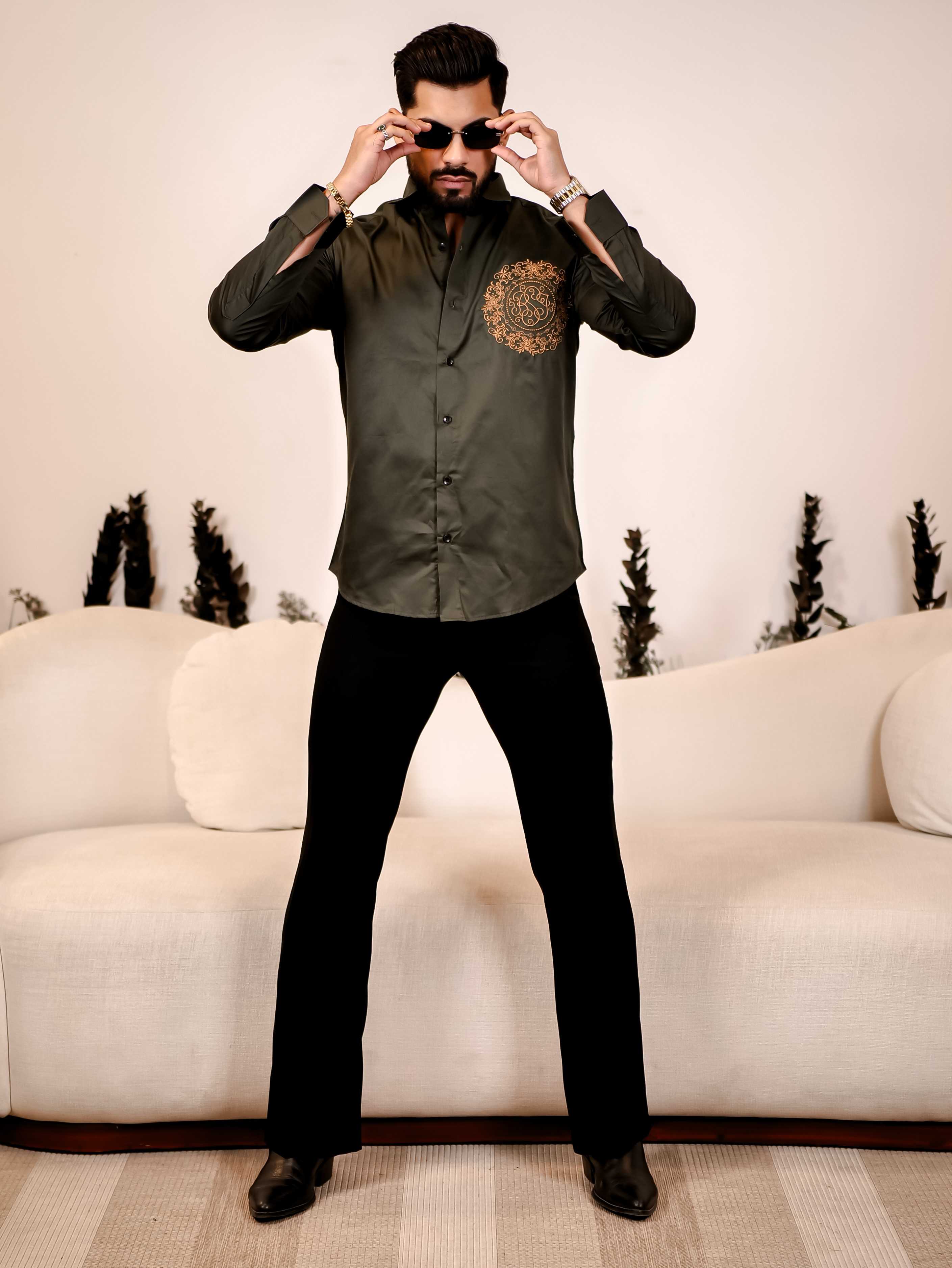 Ancient feel Olive Green Embroidered Club Wear Satin Cotton Shirt - Image 5
