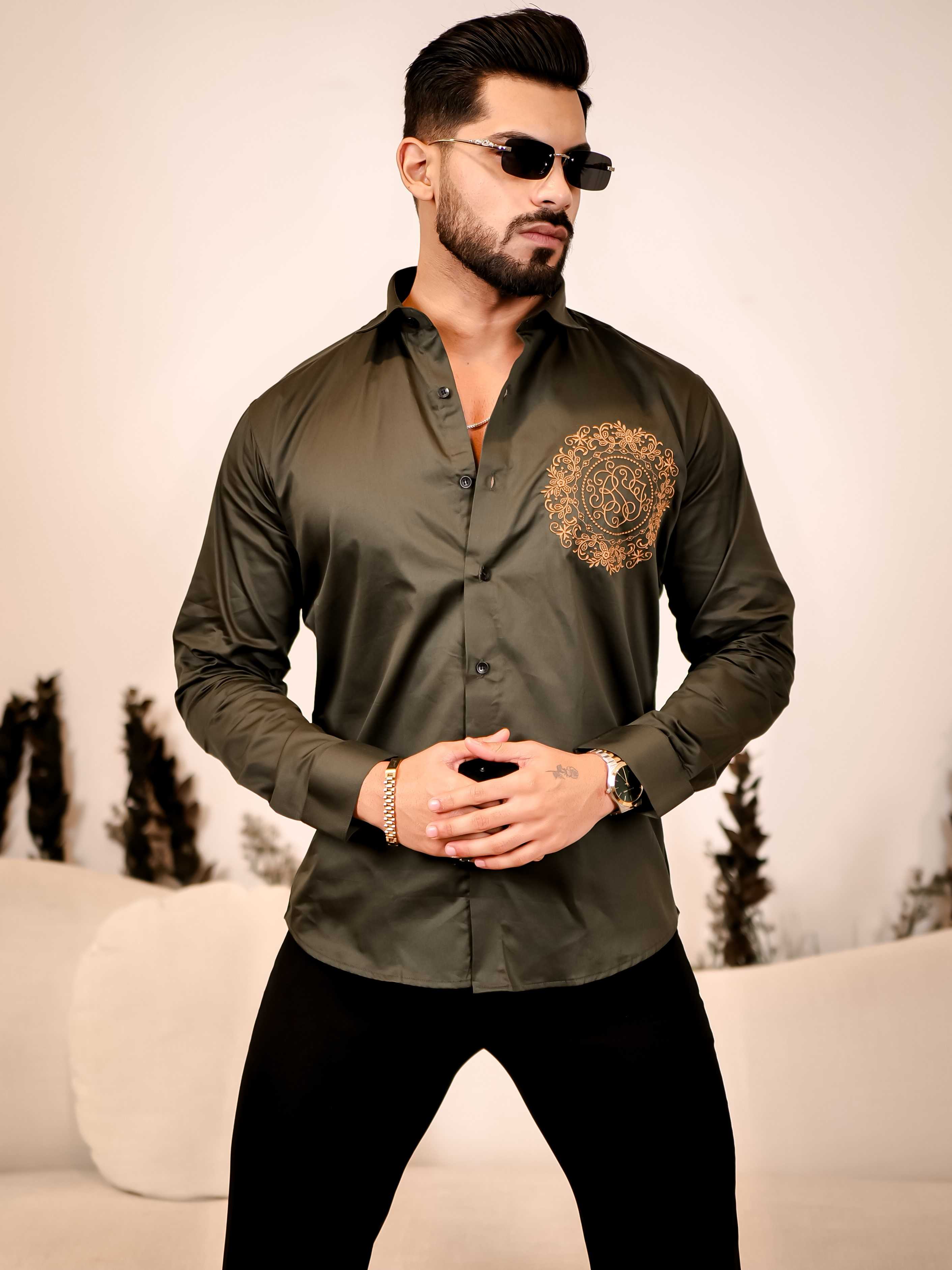 Ancient feel Olive Green Embroidered Club Wear Satin Cotton Shirt - Image 8