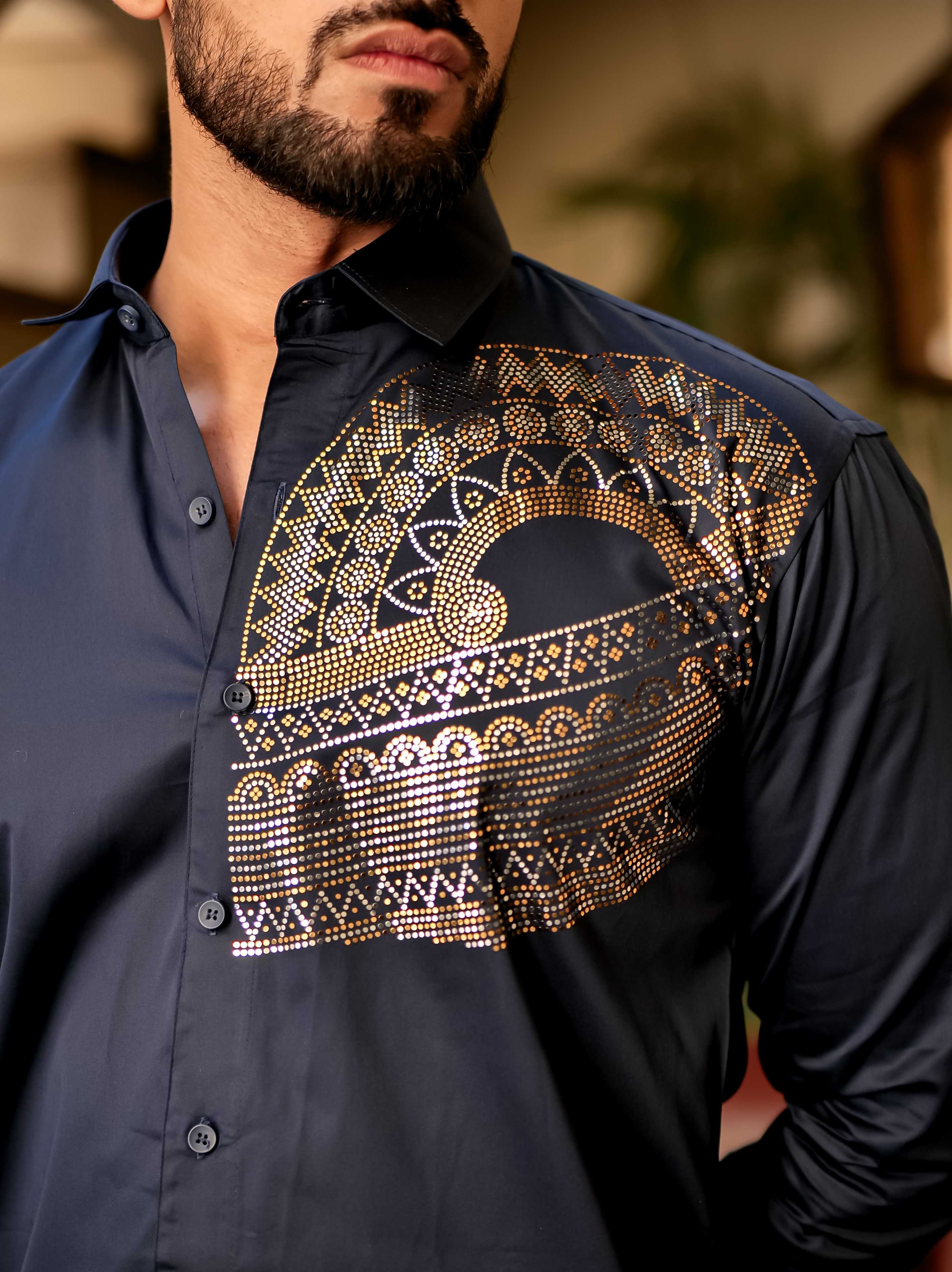 Art Navy Blue Sequence Club Wear Satin Cotton Party Shirt - Image 2
