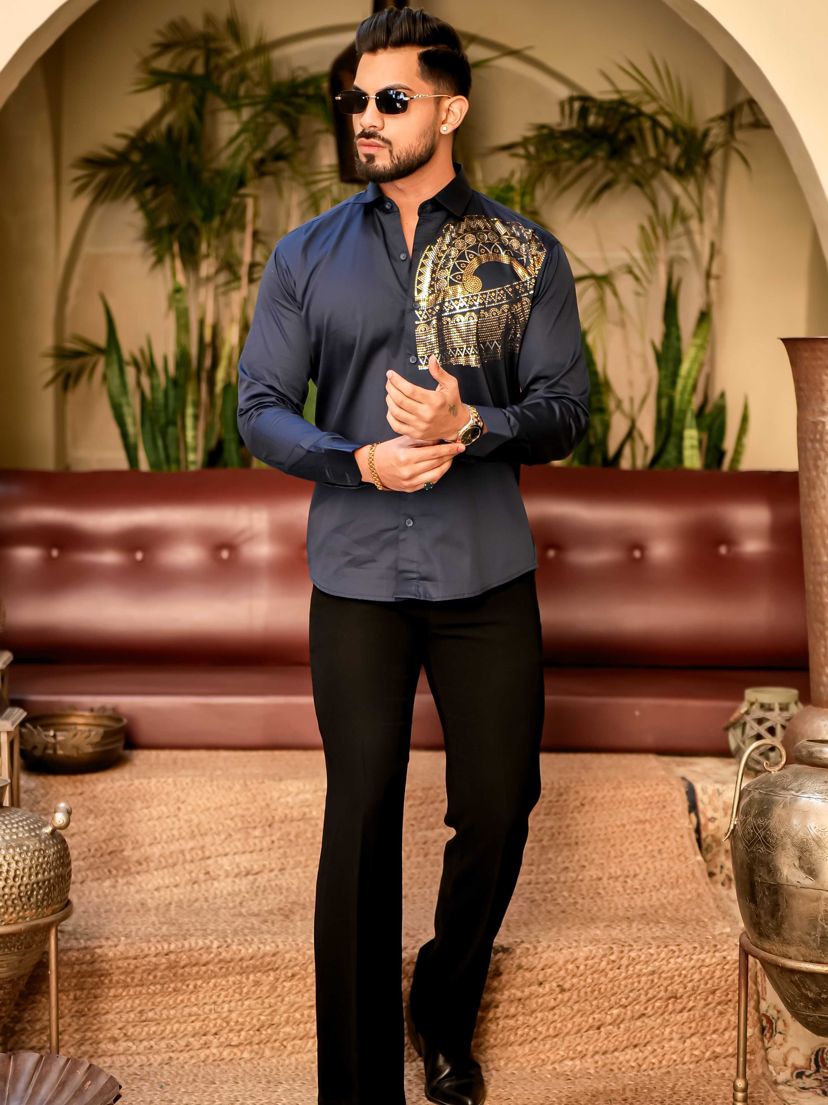 Art Navy Blue Sequence Club Wear Satin Cotton Party Shirt - Image 5