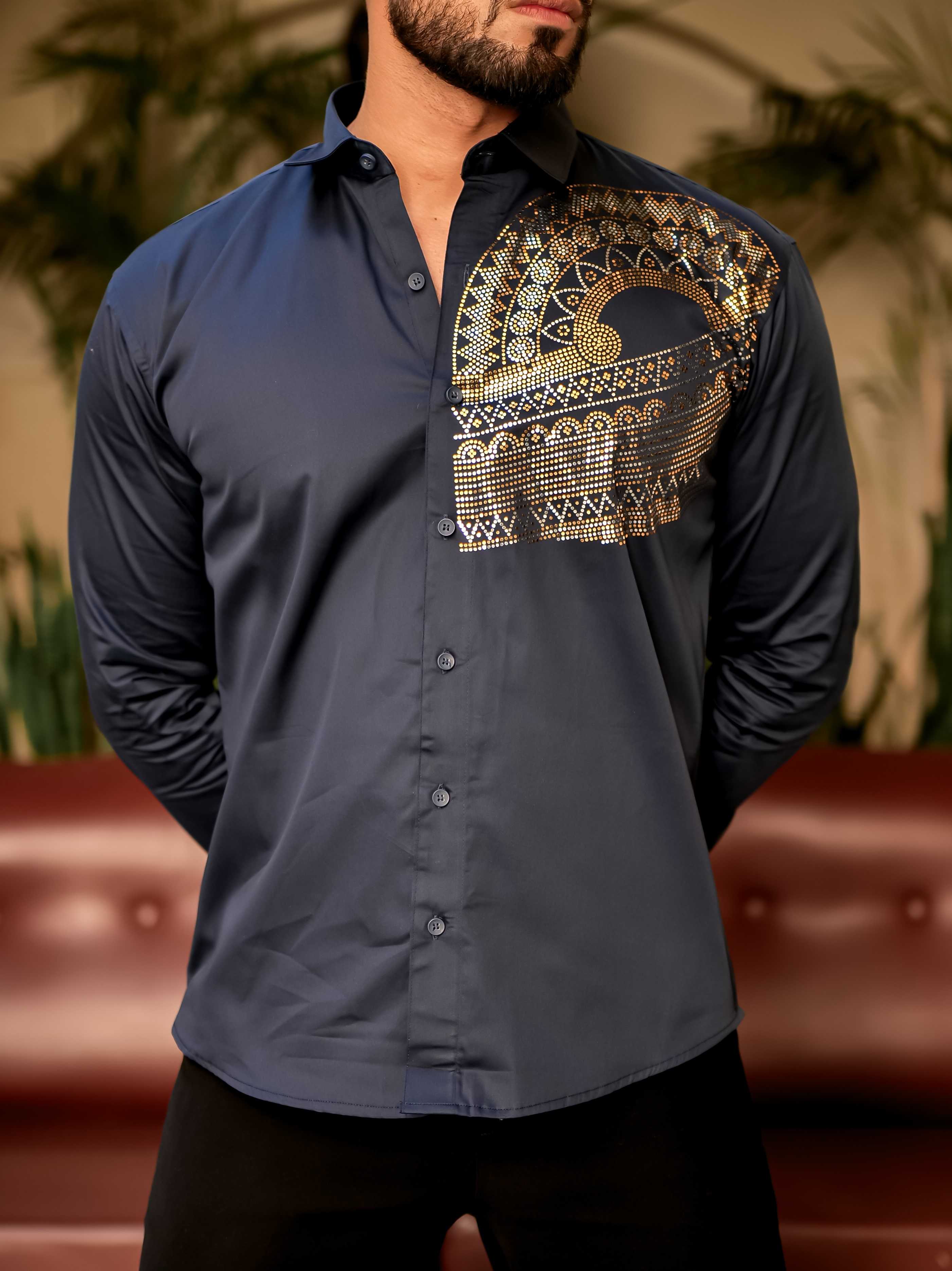Art Navy Blue Sequence Club Wear Satin Cotton Party Shirt - Image 7