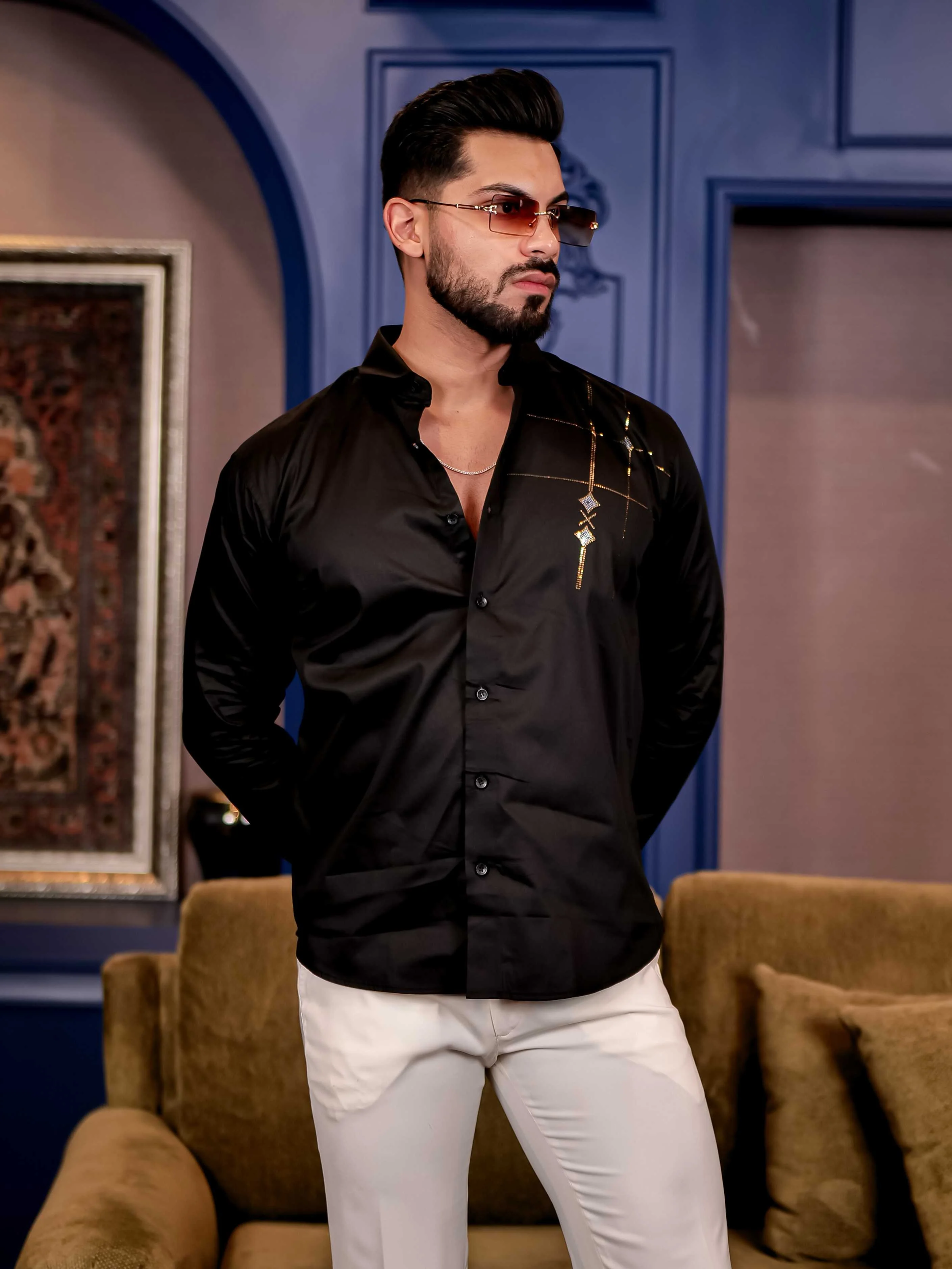 Opaque Black Sequence Club Wear Satin Cotton Party Shirt - Image 6