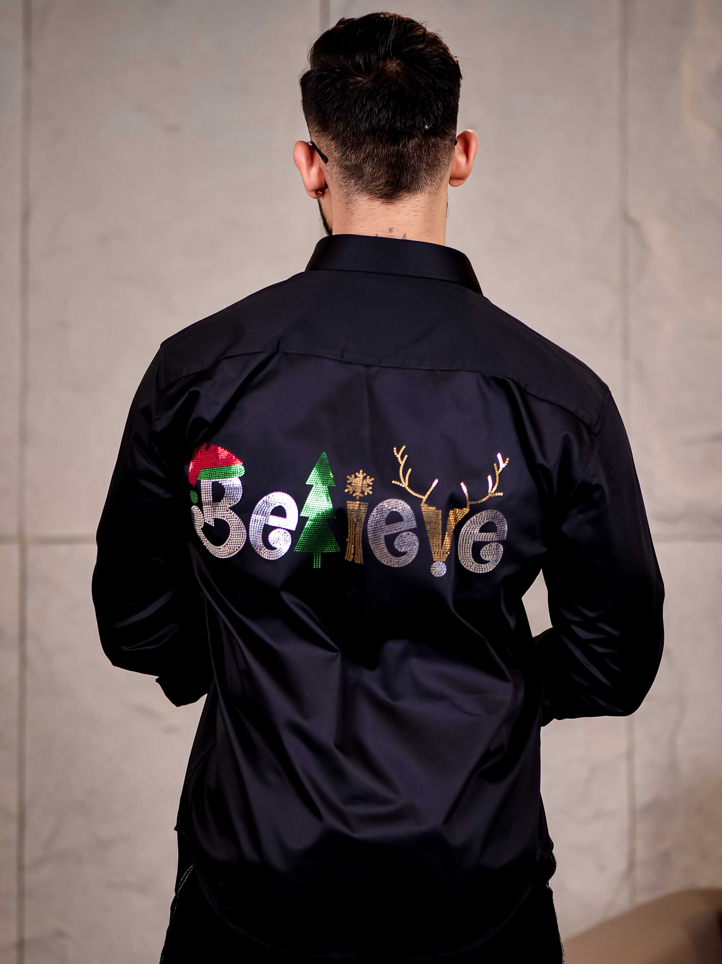 Believe Black Sequence Club Wear Satin Cotton Party Shirt - Image 4