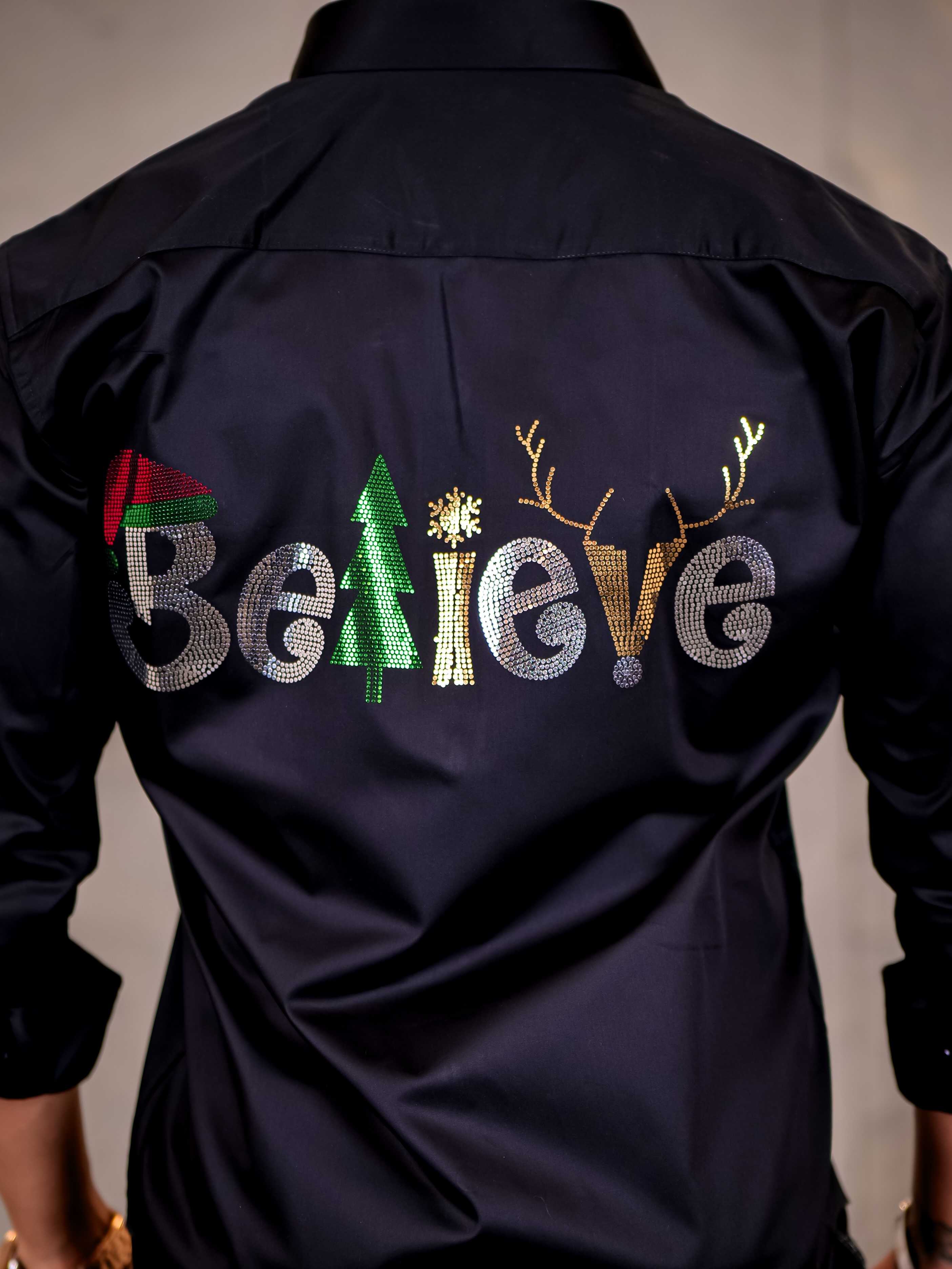 Believe Black Sequence Club Wear Satin Cotton Party Shirt - Image 6
