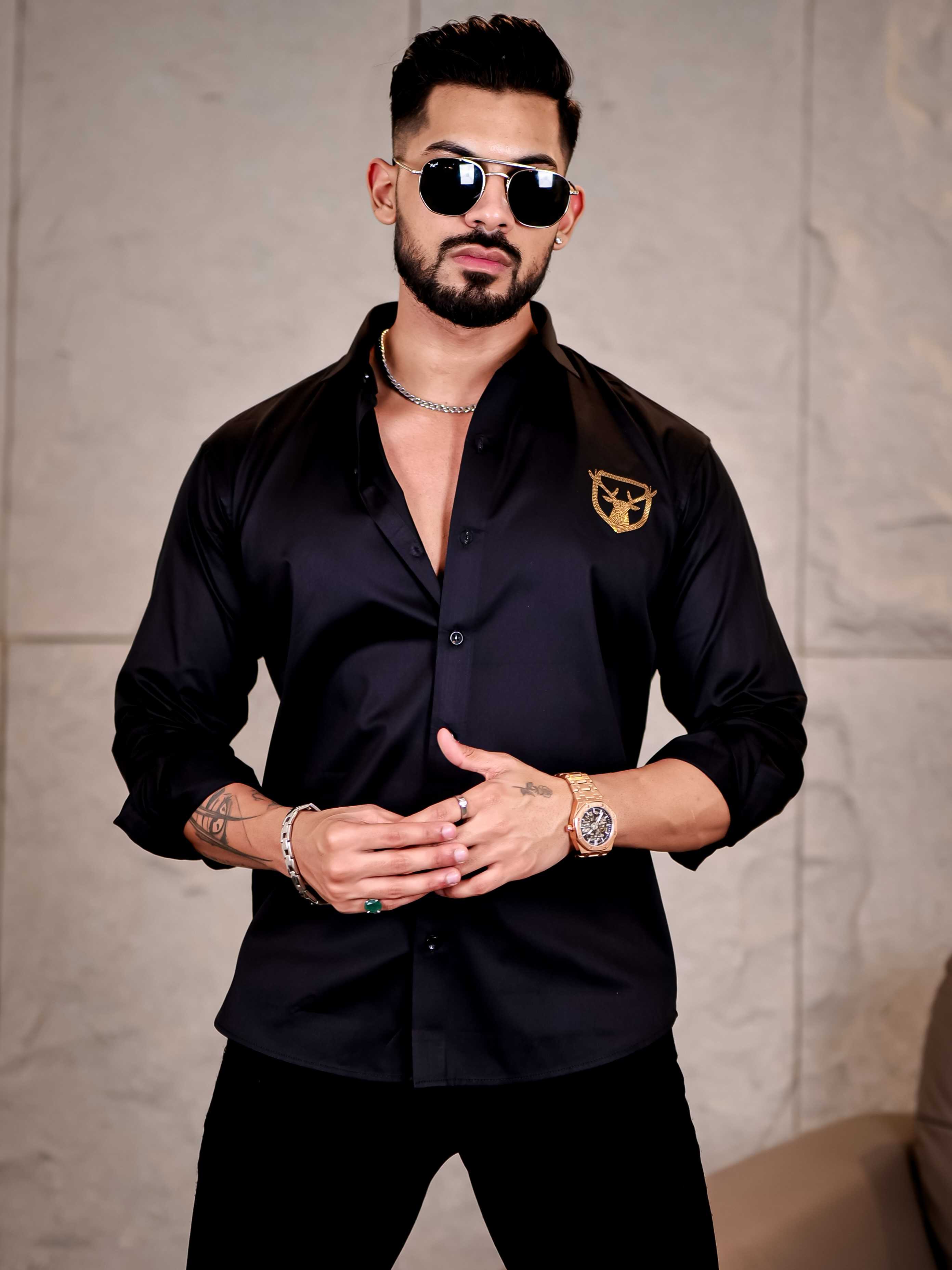 Believe Black Sequence Club Wear Satin Cotton Party Shirt - Image 8