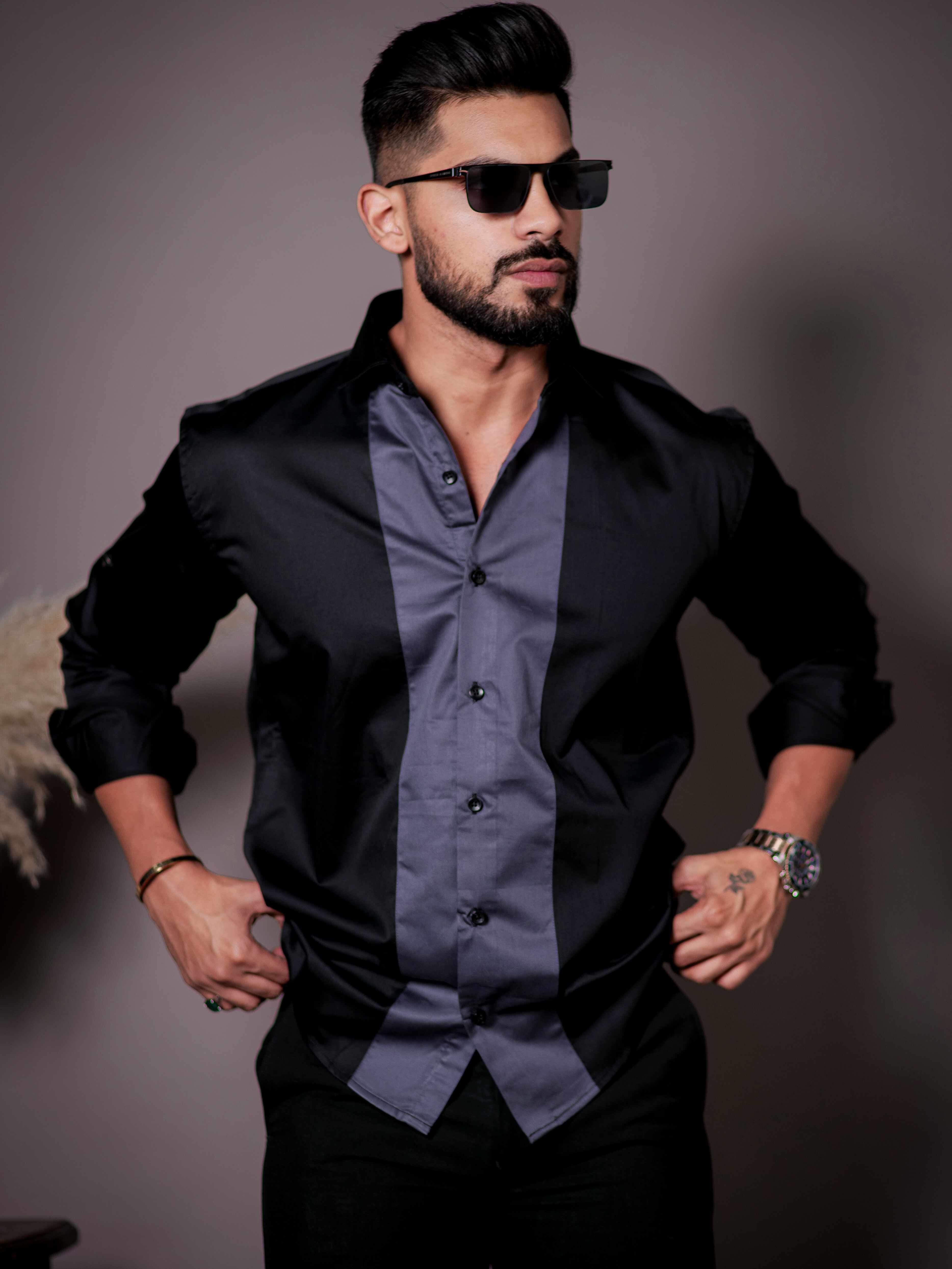 Black And Dark Grey Designer Satin Cotton Shirt - Image 4