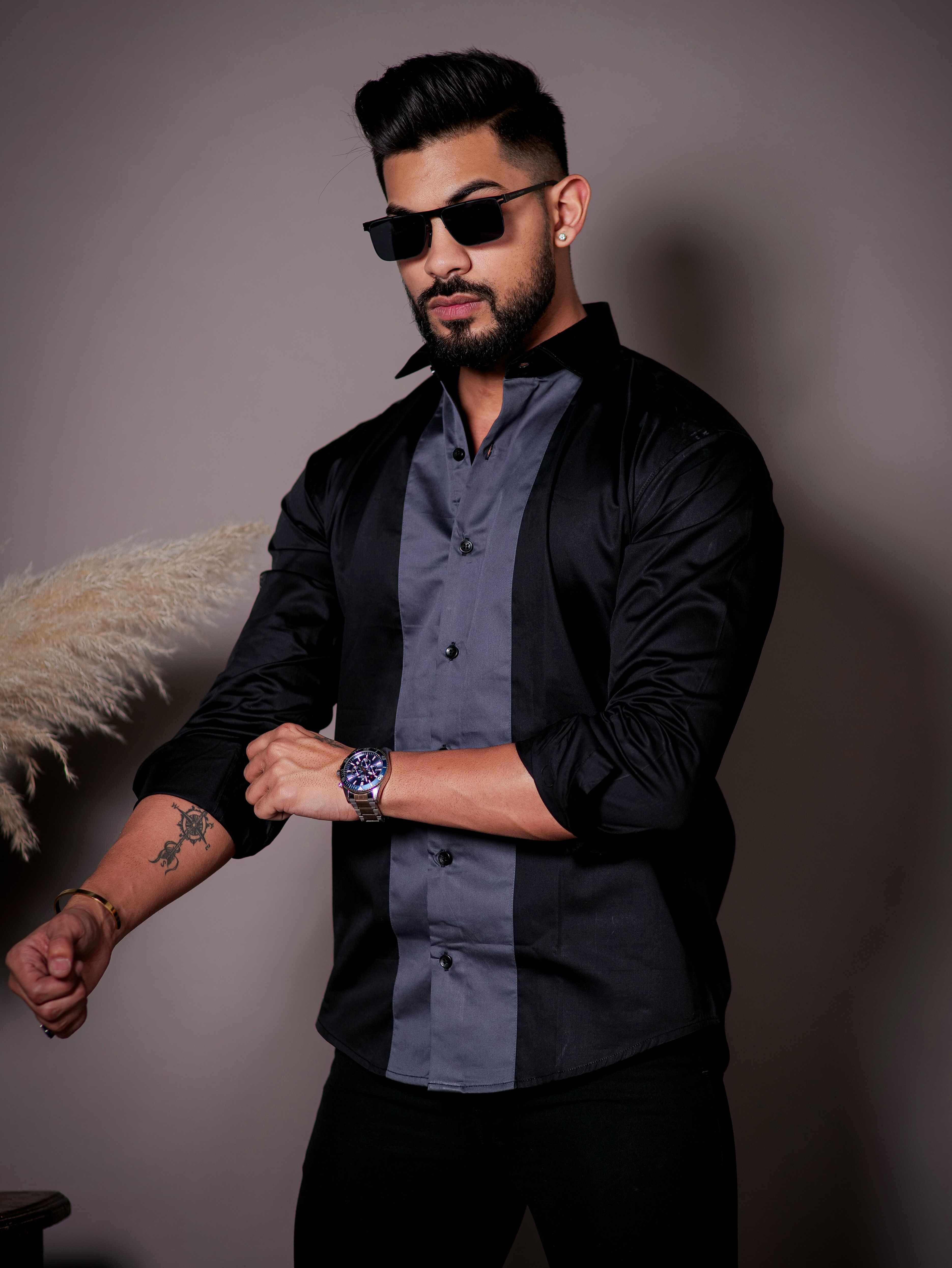 Black And Dark Grey Designer Satin Cotton Shirt - Image 5