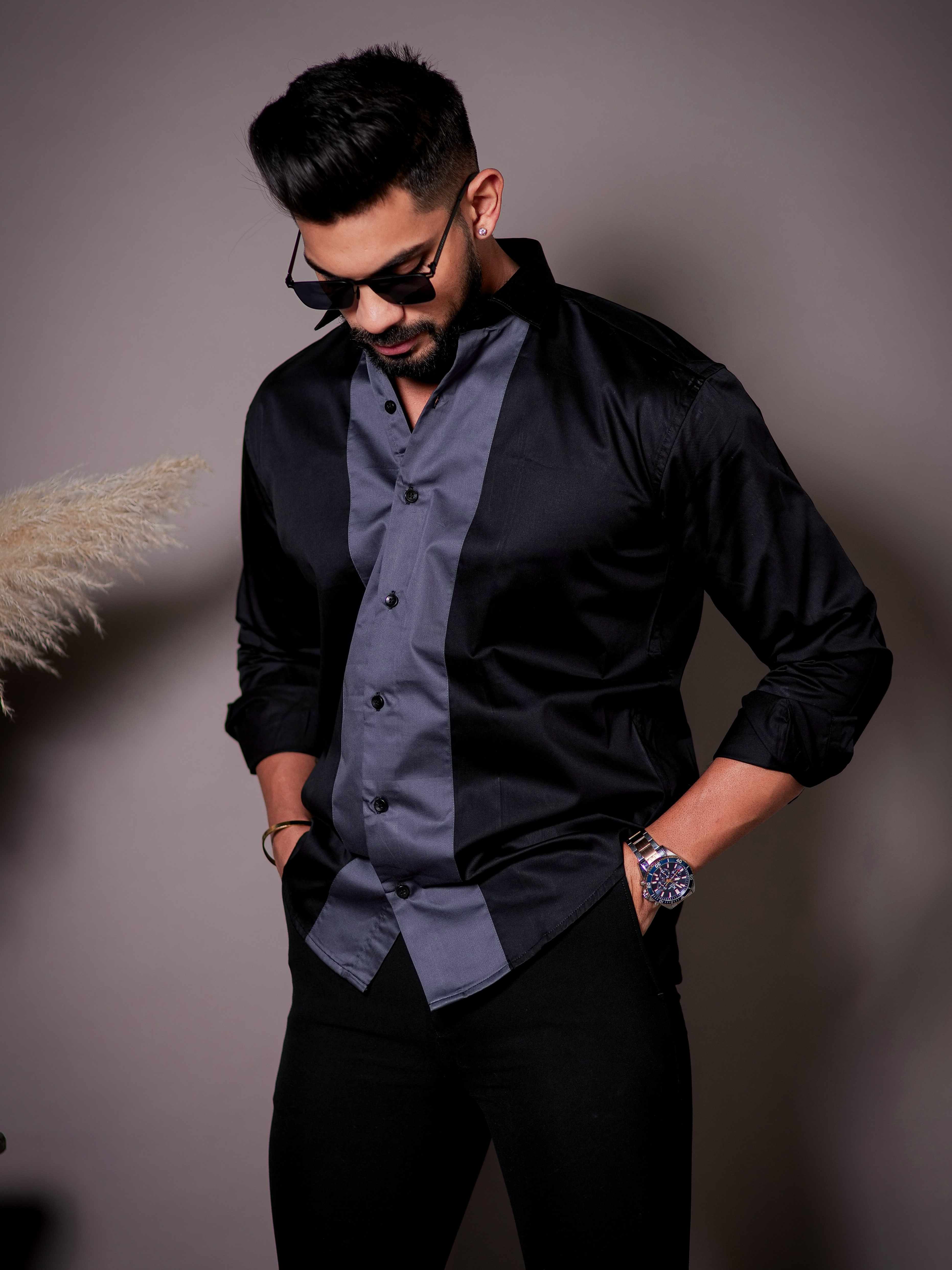 Black And Dark Grey Designer Satin Cotton Shirt - Image 6