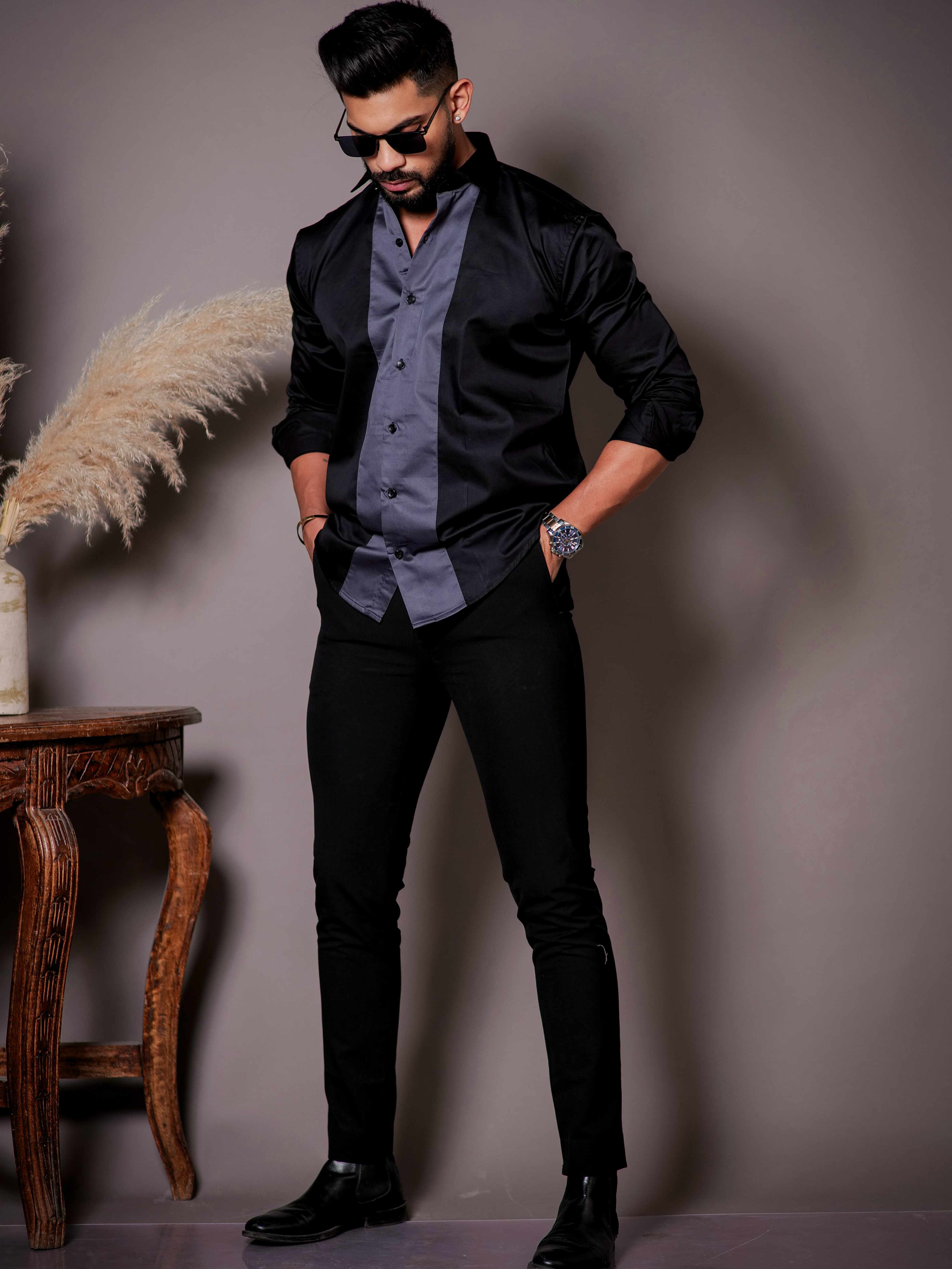 Black And Dark Grey Designer Satin Cotton Shirt - Image 7