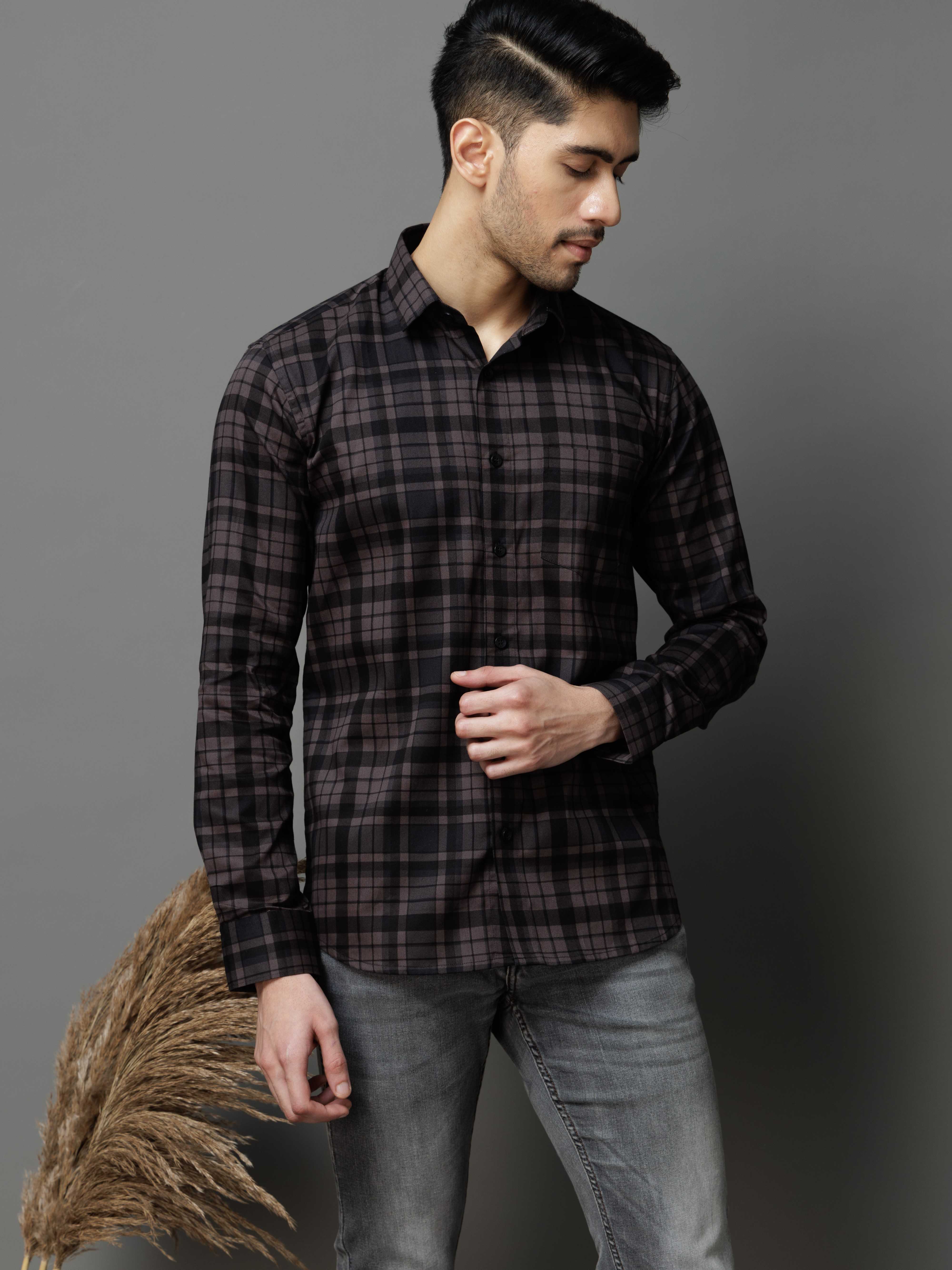 BLACK CHECKS PRINTED COTTON CASUAL SHIRT FOR MEN'S - Image 2