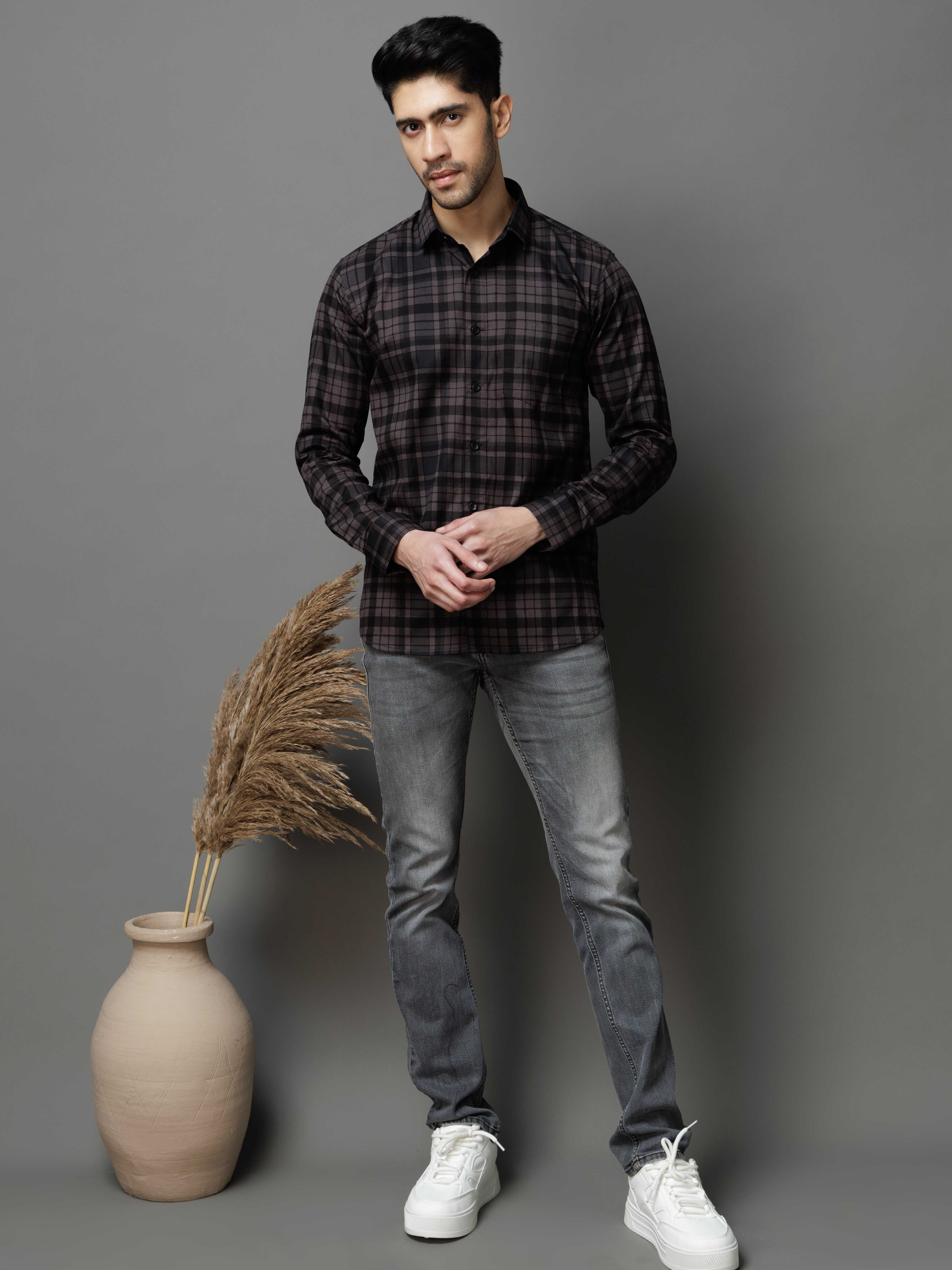 BLACK CHECKS PRINTED COTTON CASUAL SHIRT FOR MEN'S - Image 4