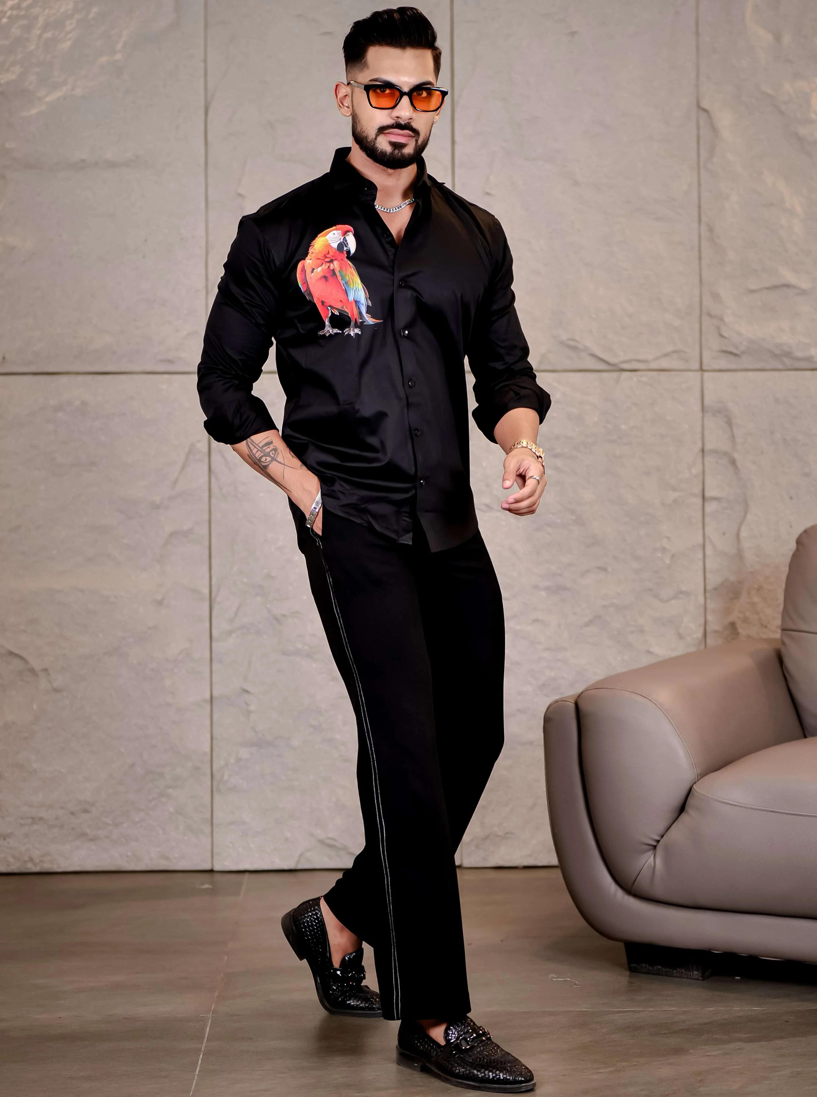 Black Club Wear Perrot Printed Satin Cotton Shirt - Image 3