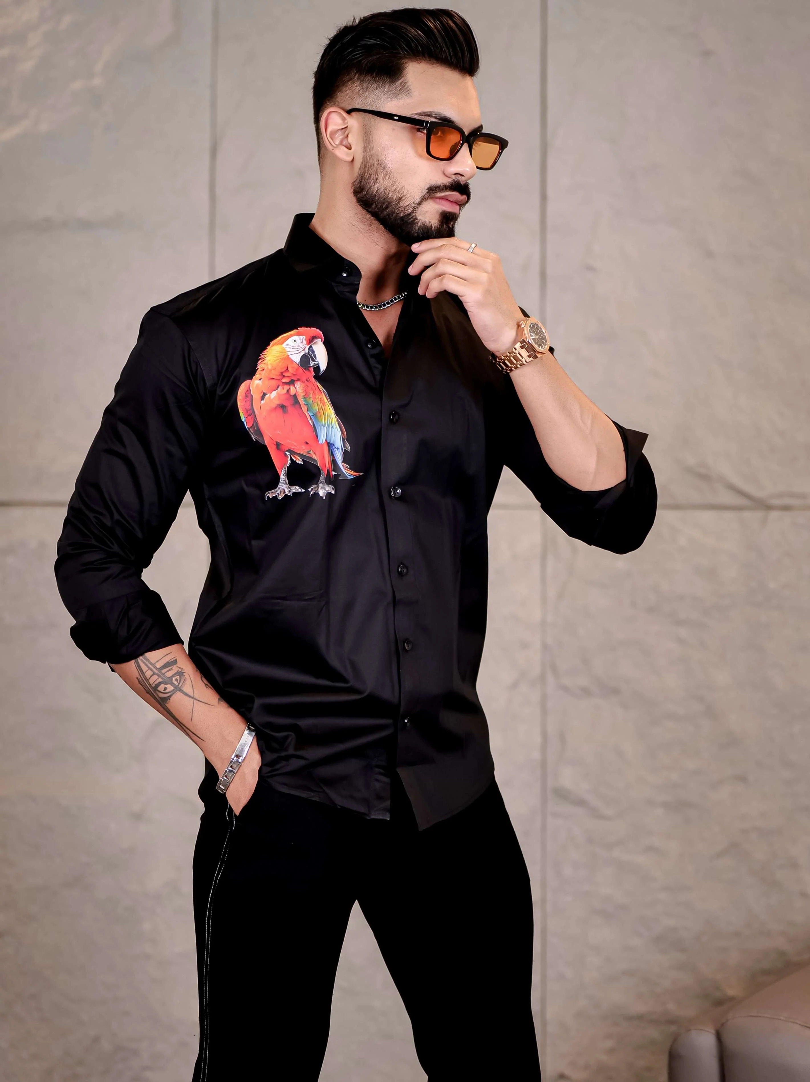 Black Club Wear Perrot Printed Satin Cotton Shirt - Image 4