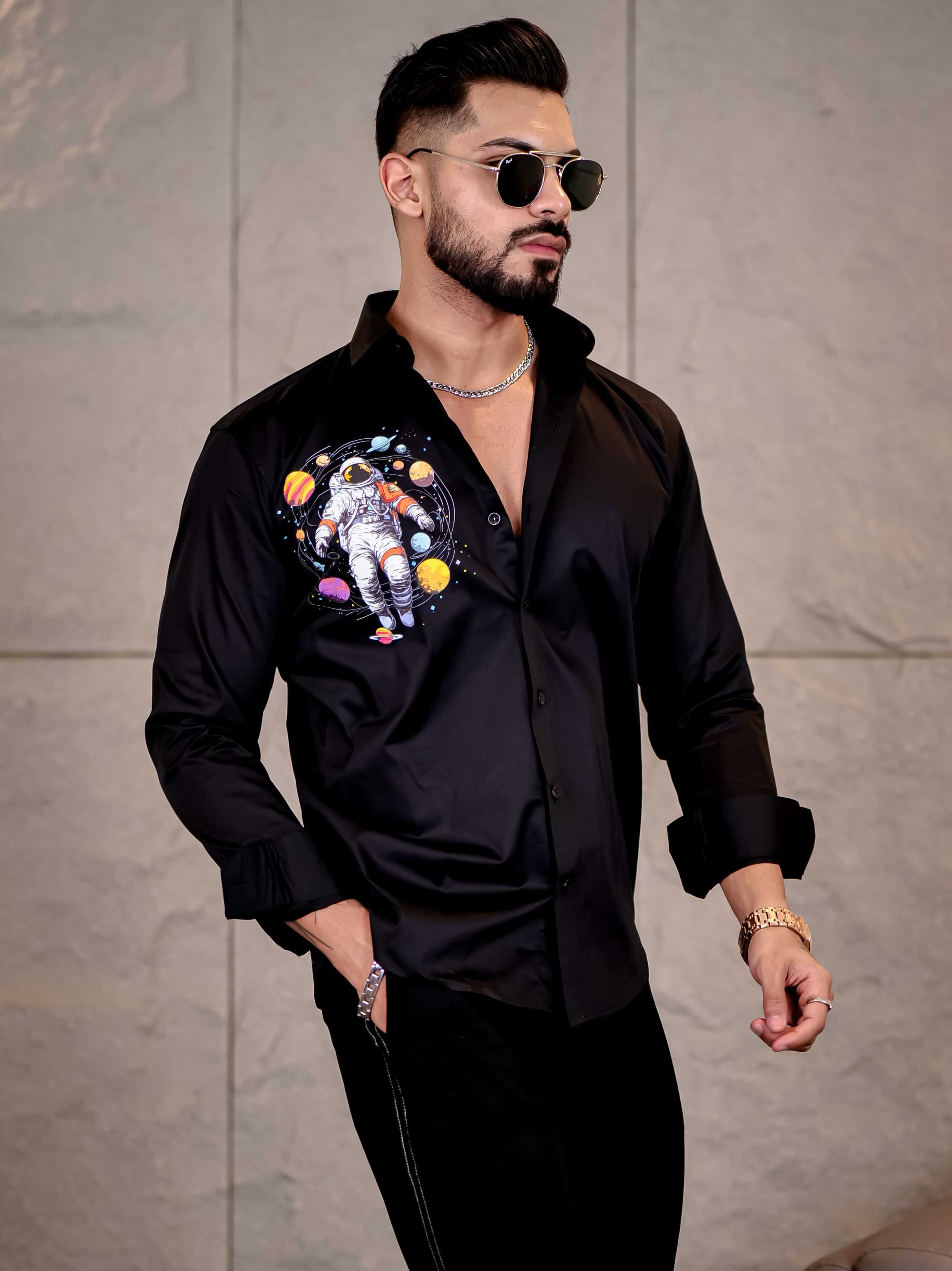 Black Club Wear Planets Printed Satin Cotton Shirt - Image 2