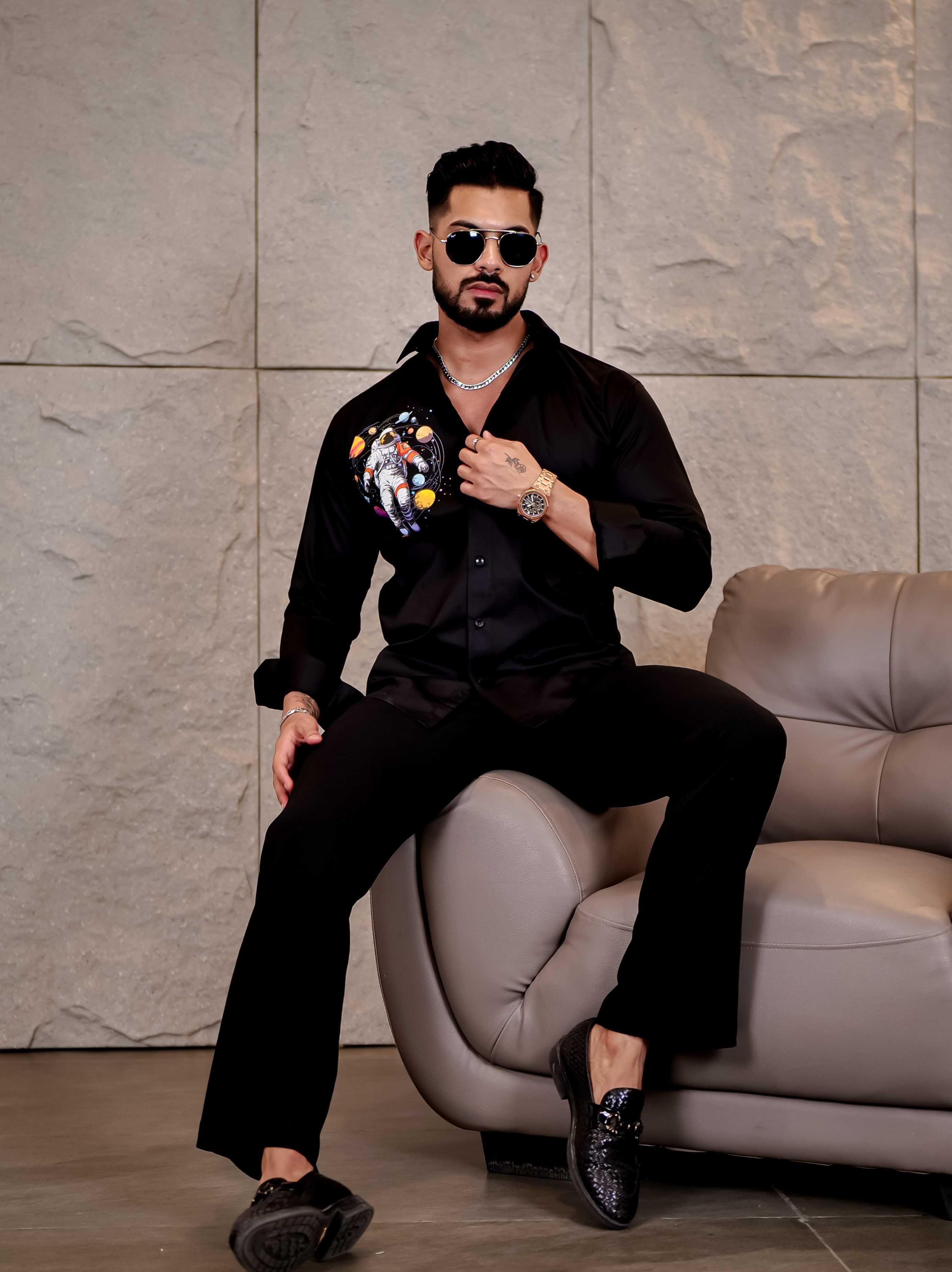Black Club Wear Planets Printed Satin Cotton Shirt - Image 6