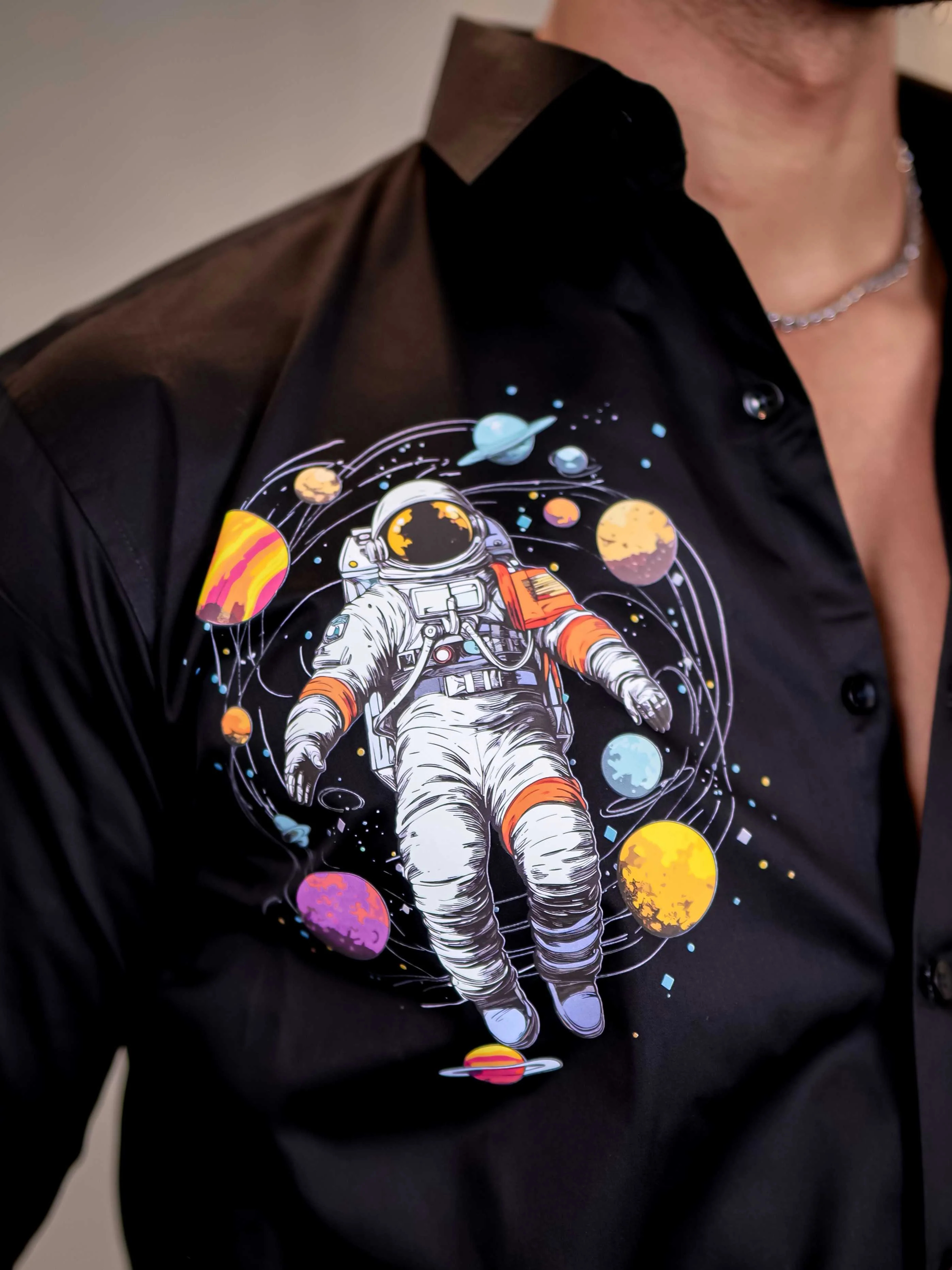 Black Club Wear Planets Printed Satin Cotton Shirt - Image 9