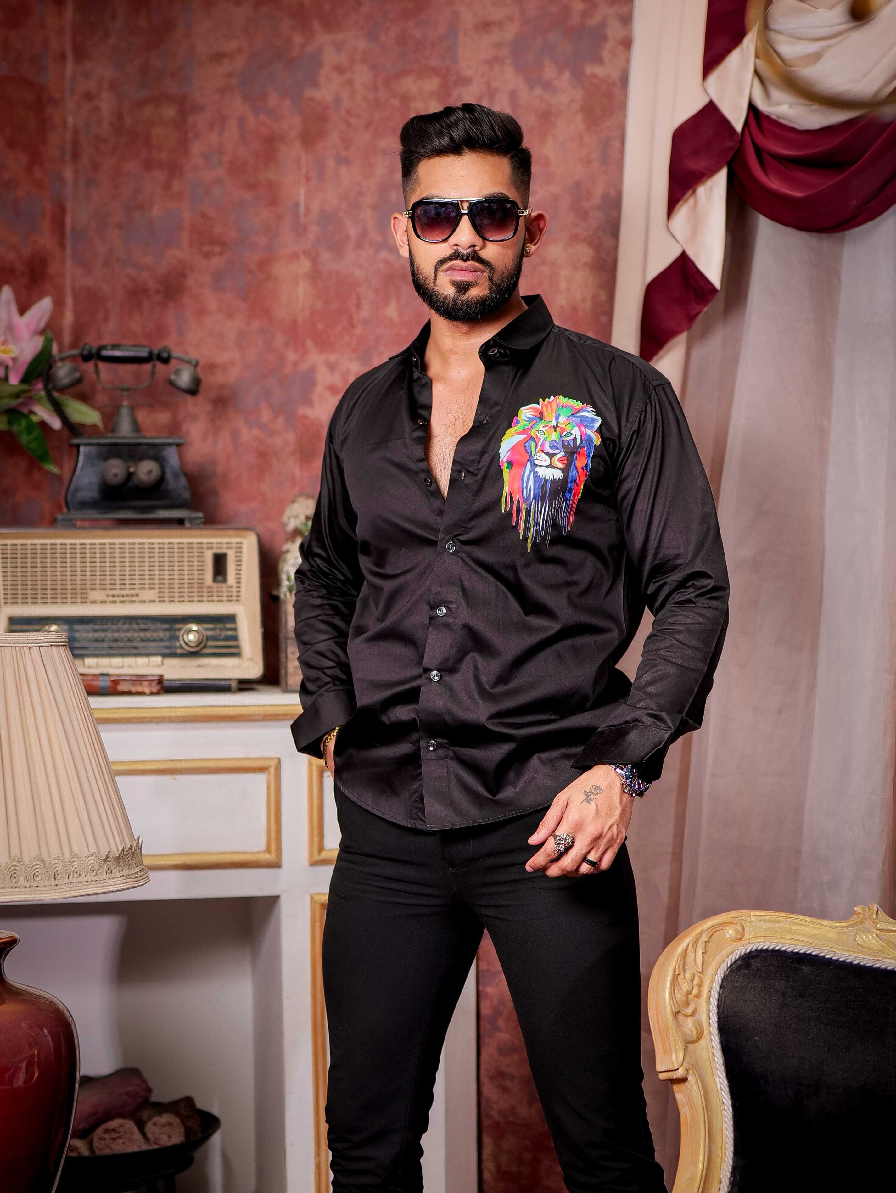 Black Club Wear Printed Satin Cotton Shirt - Image 4