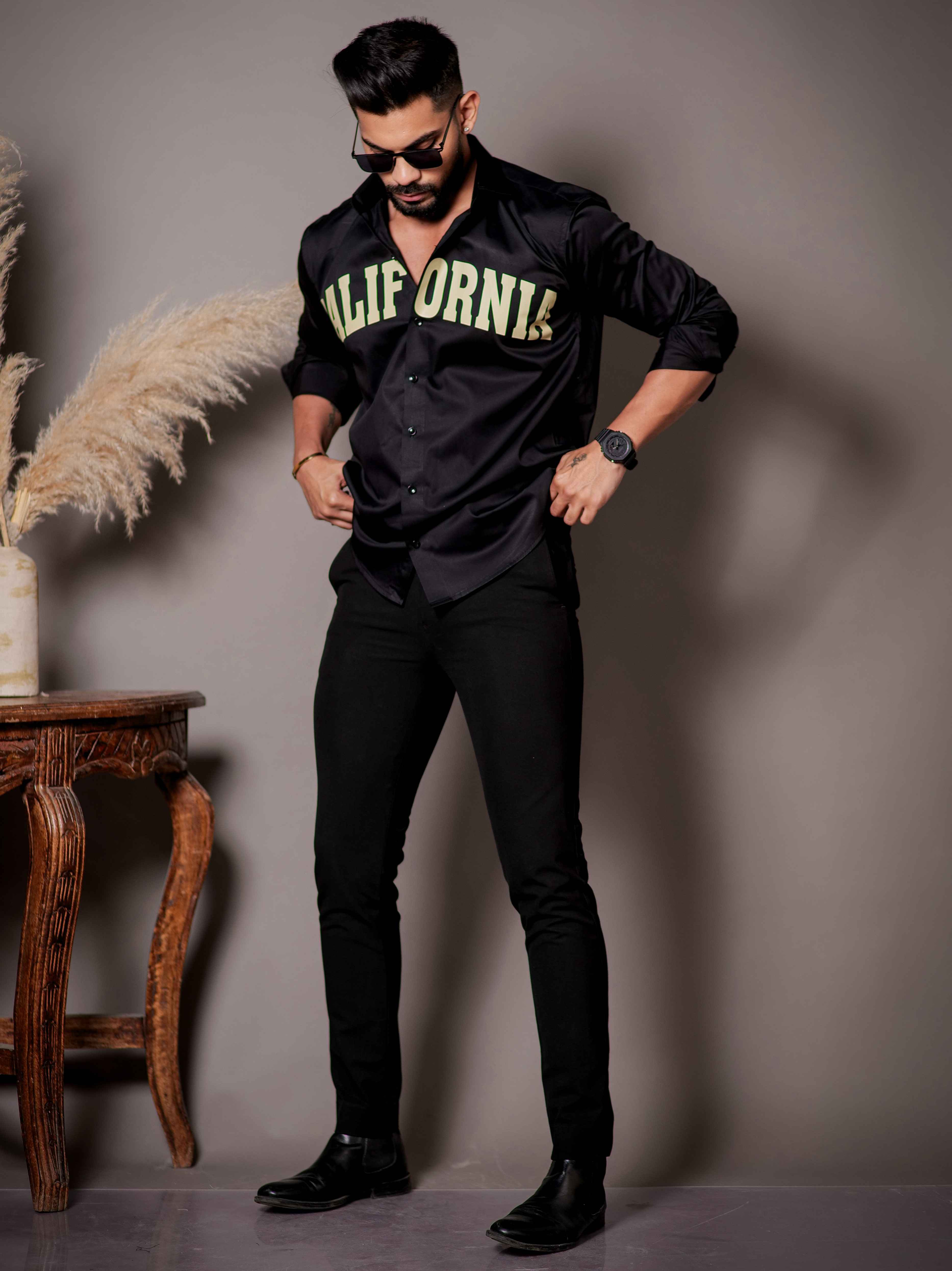 Black Club Wear Printed Satin Cotton Shirt - Image 6