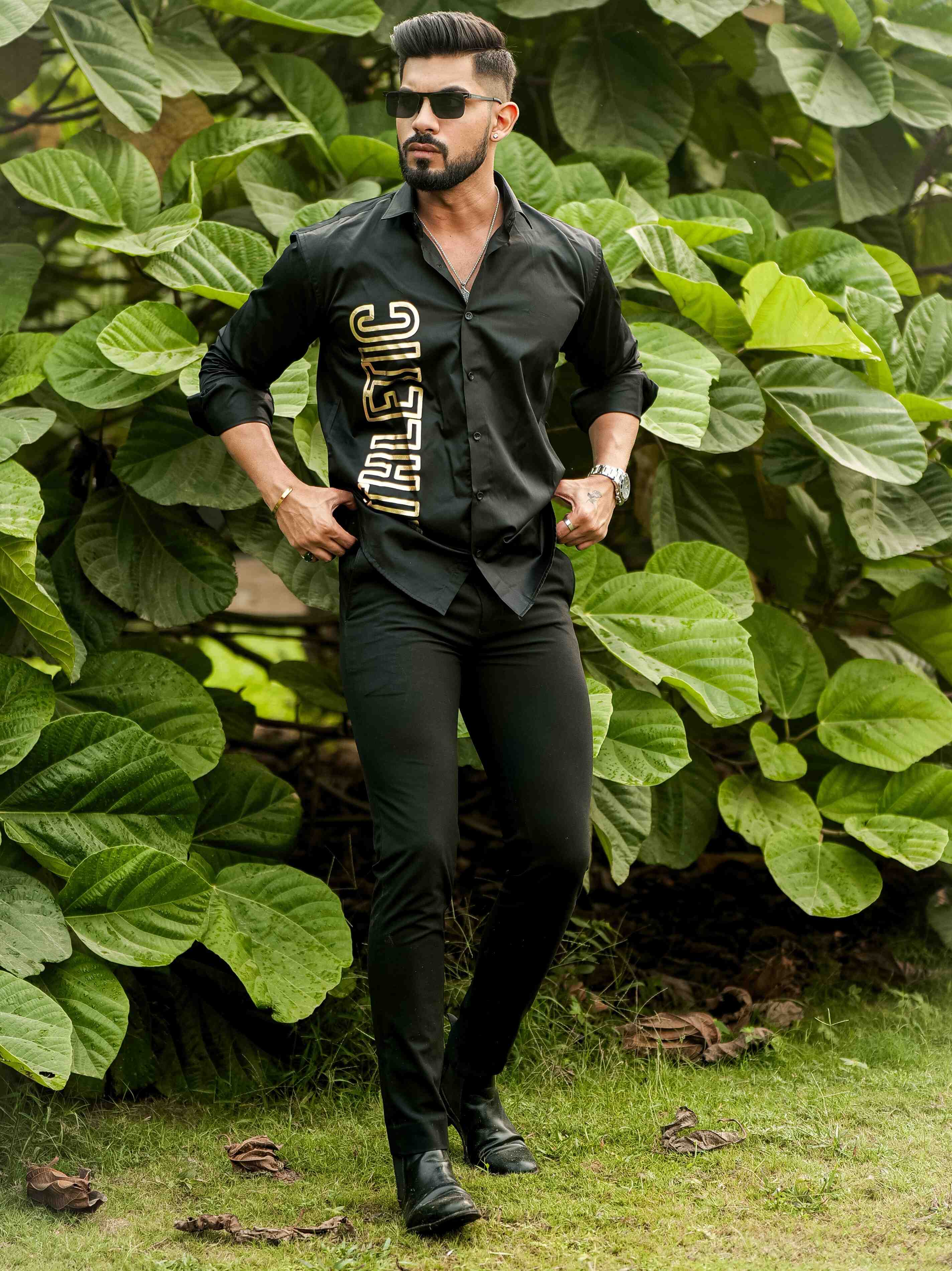 Black Club Wear Printed Satin Cotton Shirt - Image 3
