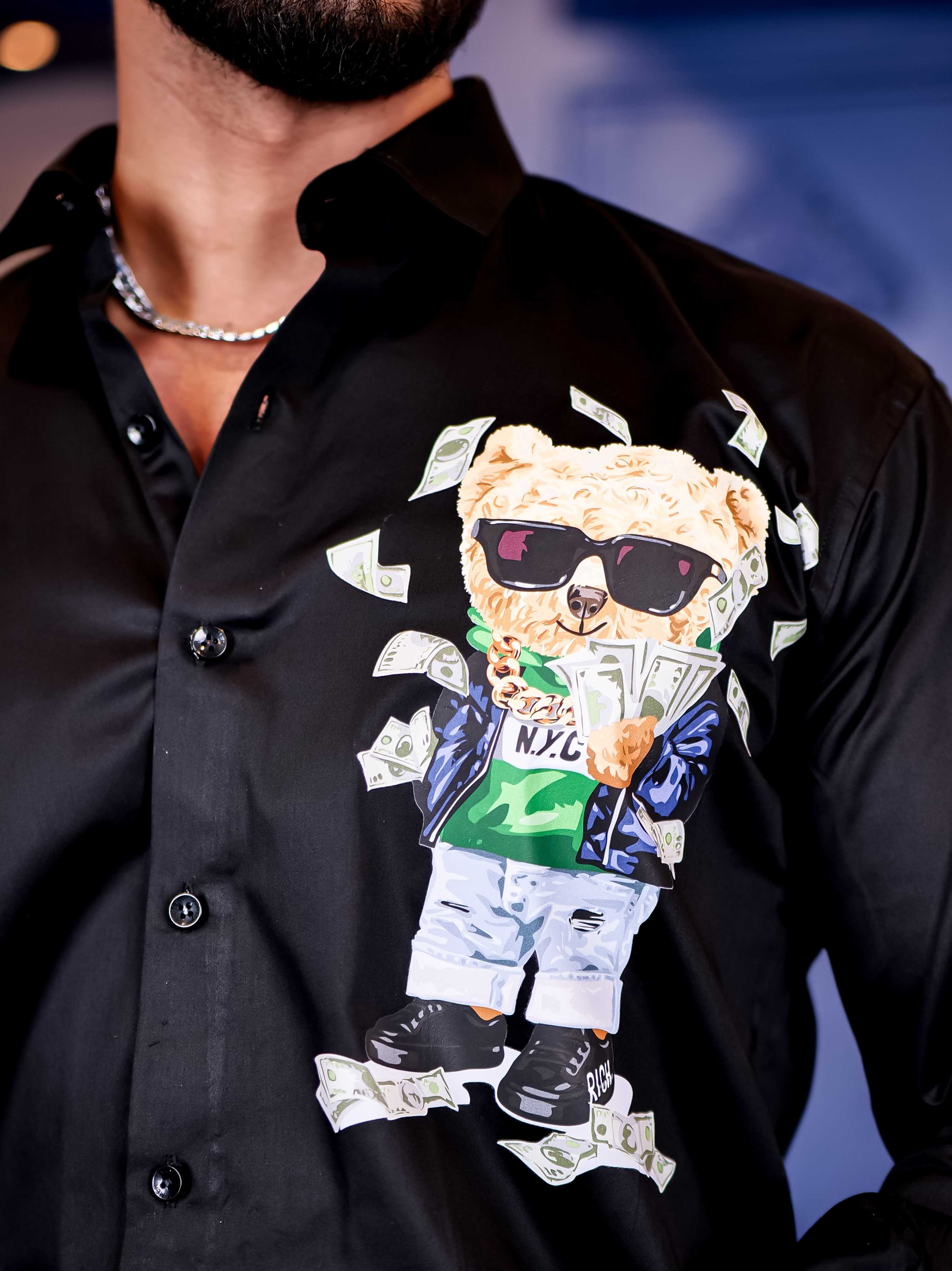 Black Club Wear Printed Satin Cotton Shirt - Image 2