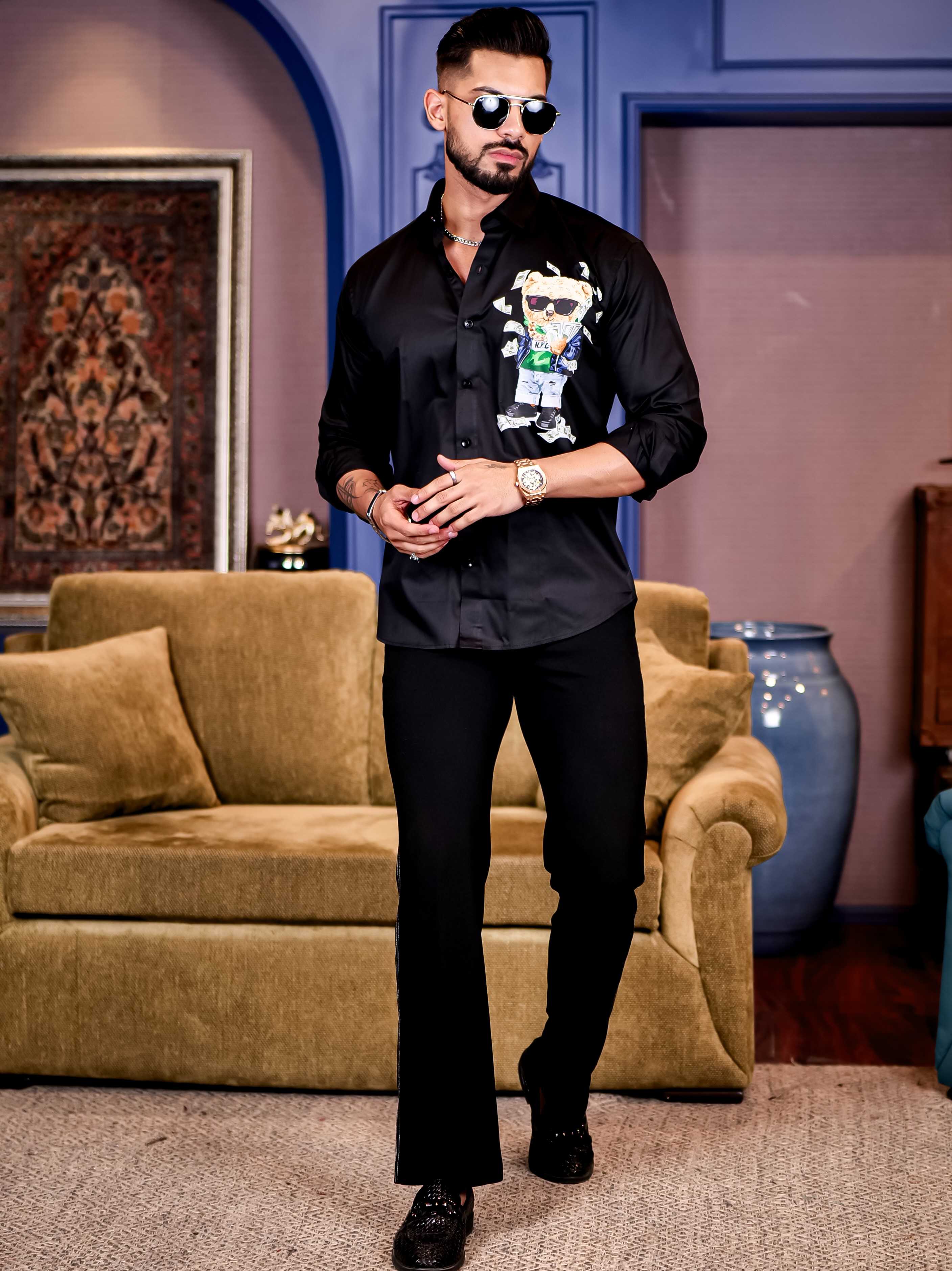 Black Club Wear Printed Satin Cotton Shirt - Image 3