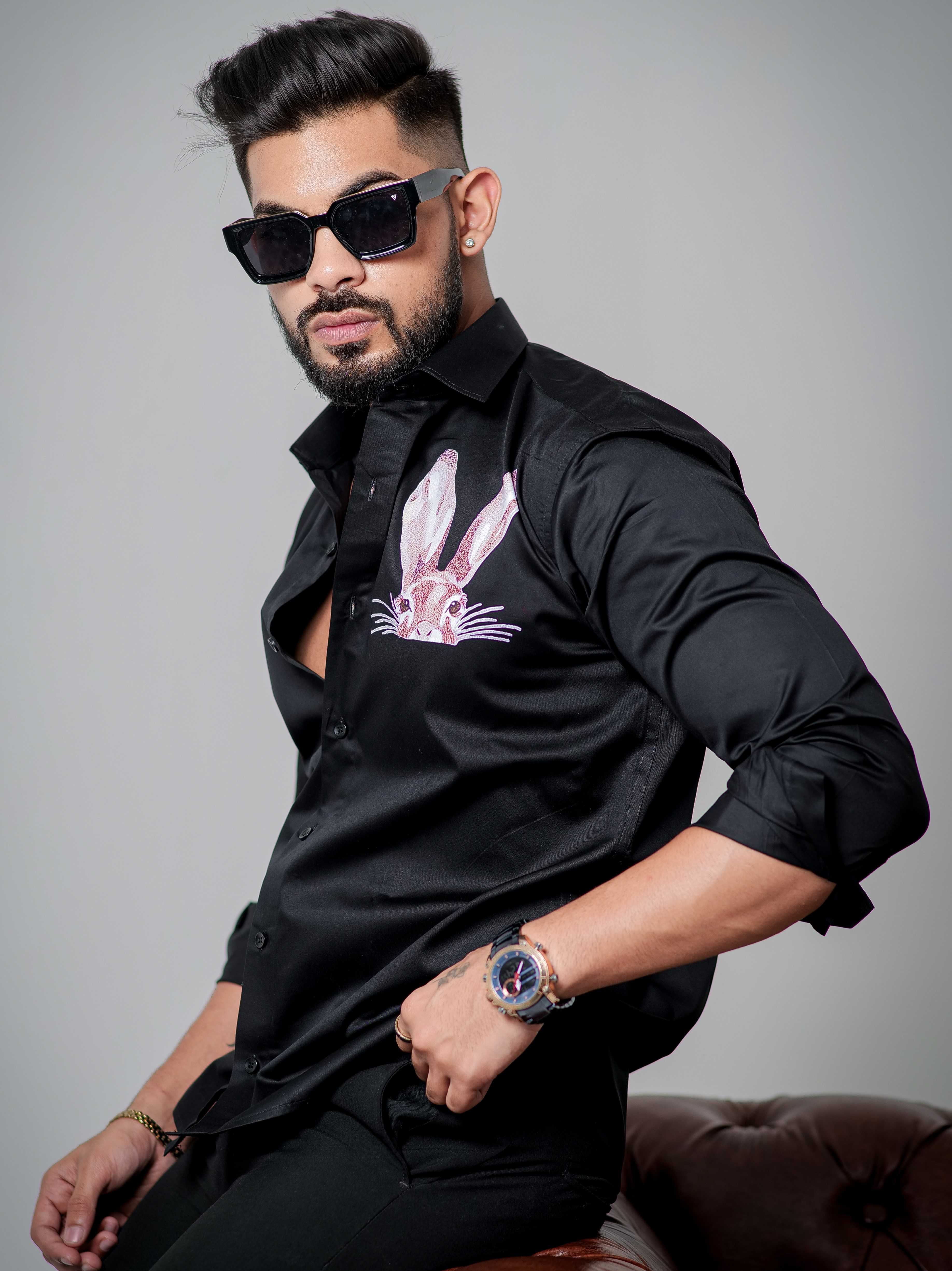 Black Club Wear Printed Satin Cotton Shirt - Image 5