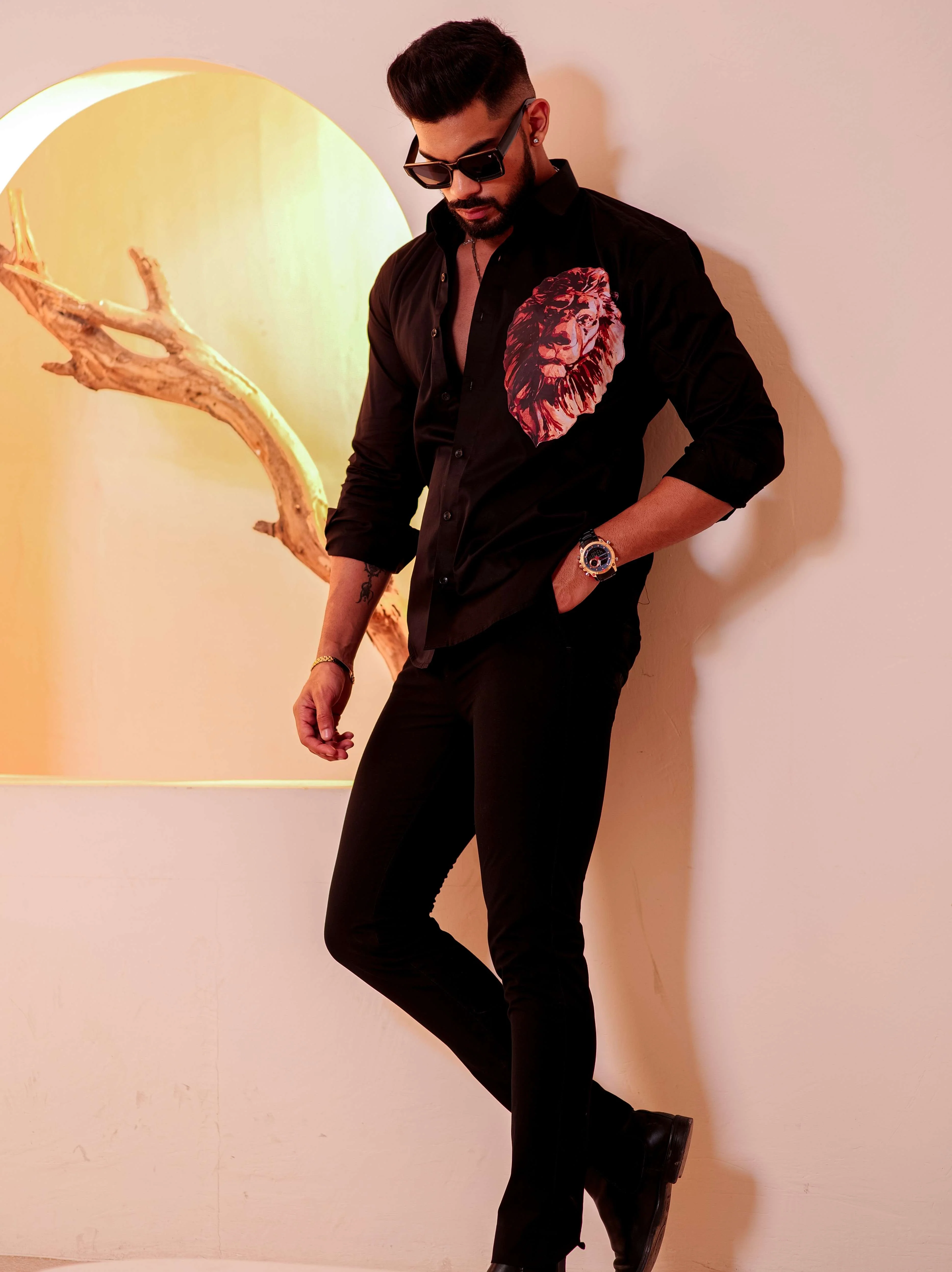 Black Club Wear Printed Satin Cotton Shirt - Image 3