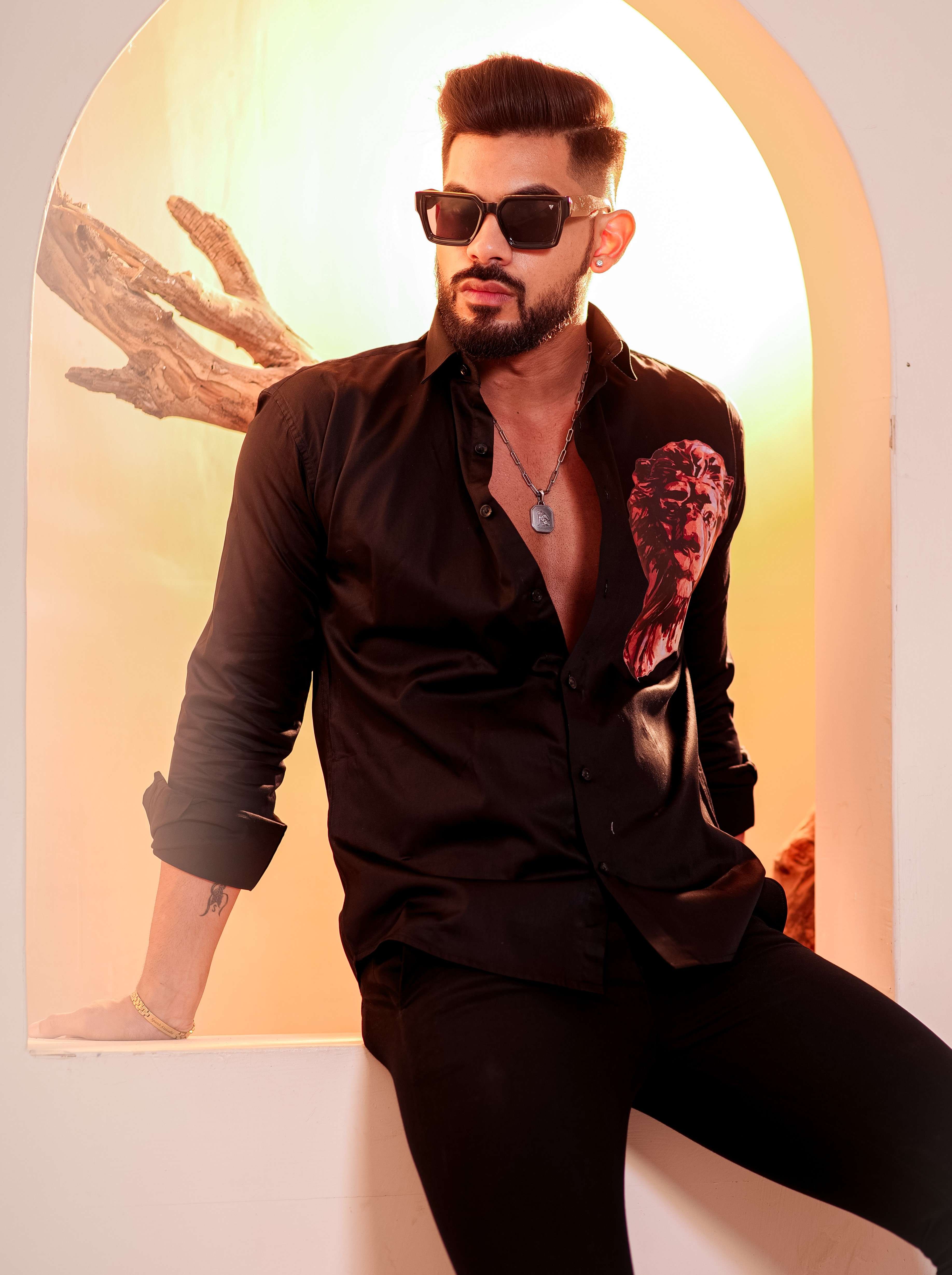 Black Club Wear Printed Satin Cotton Shirt - Image 4