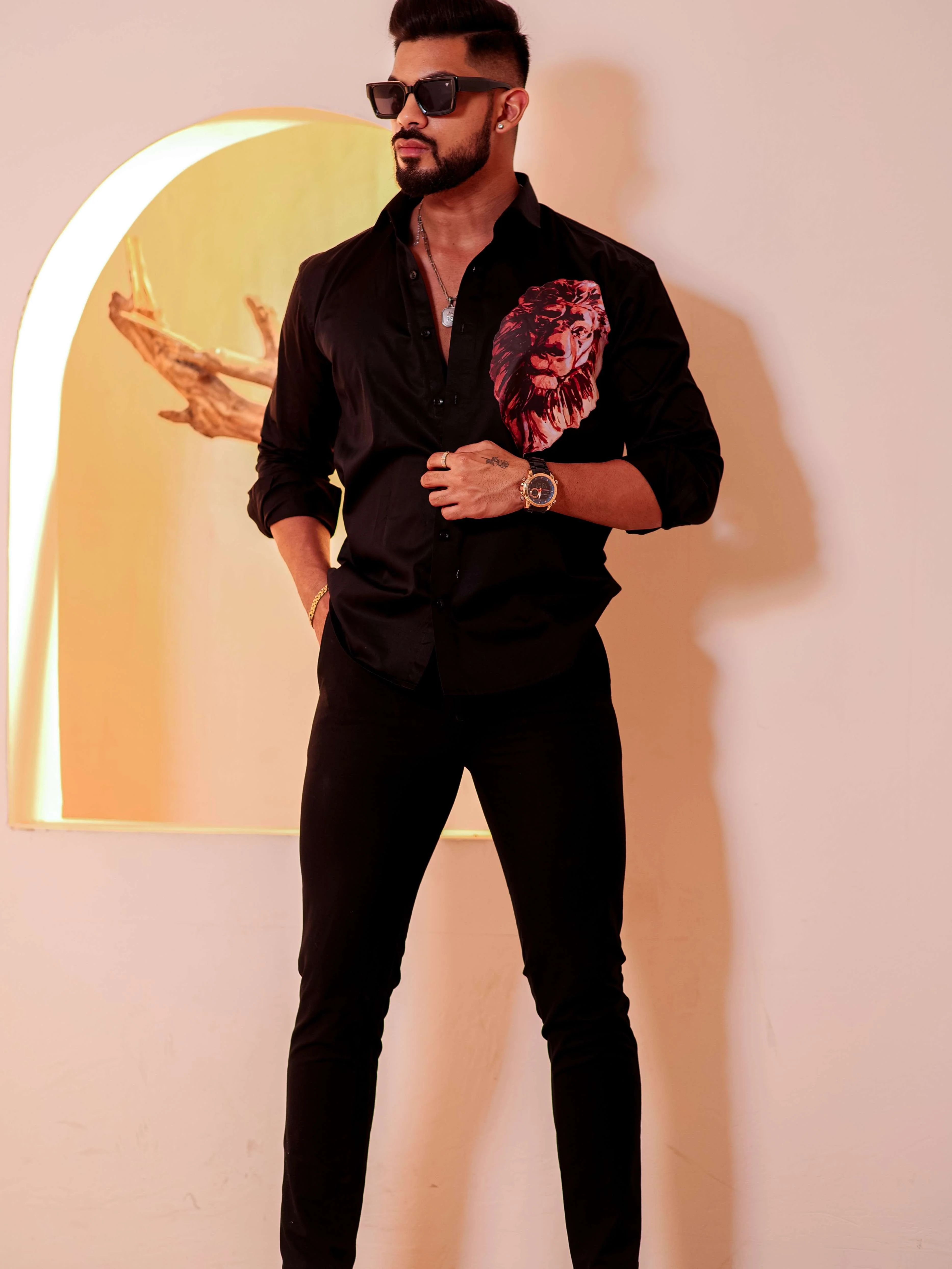 Black Club Wear Printed Satin Cotton Shirt - Image 7