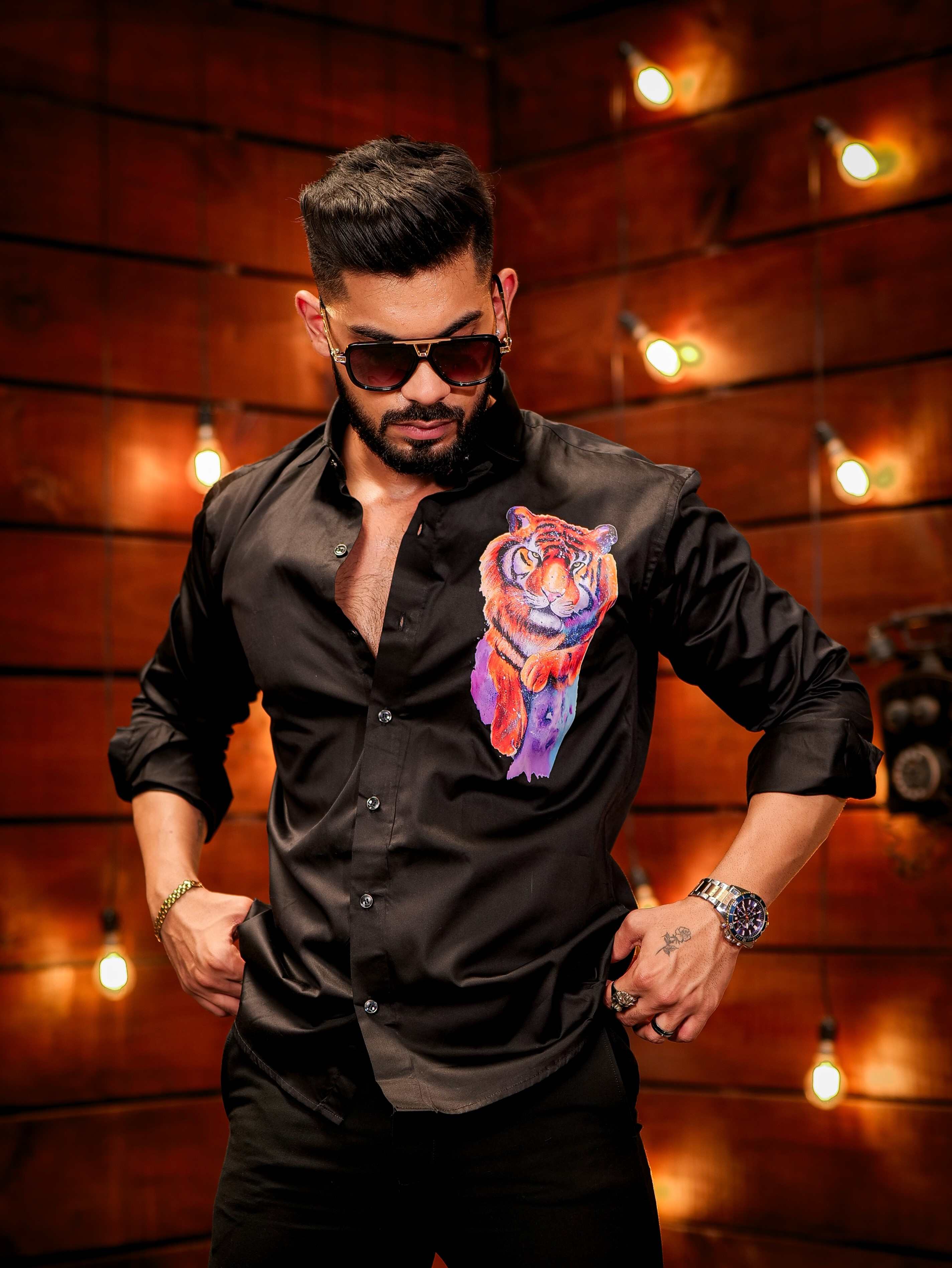 Black Club Wear Printed Satin Cotton Shirt - Image 4