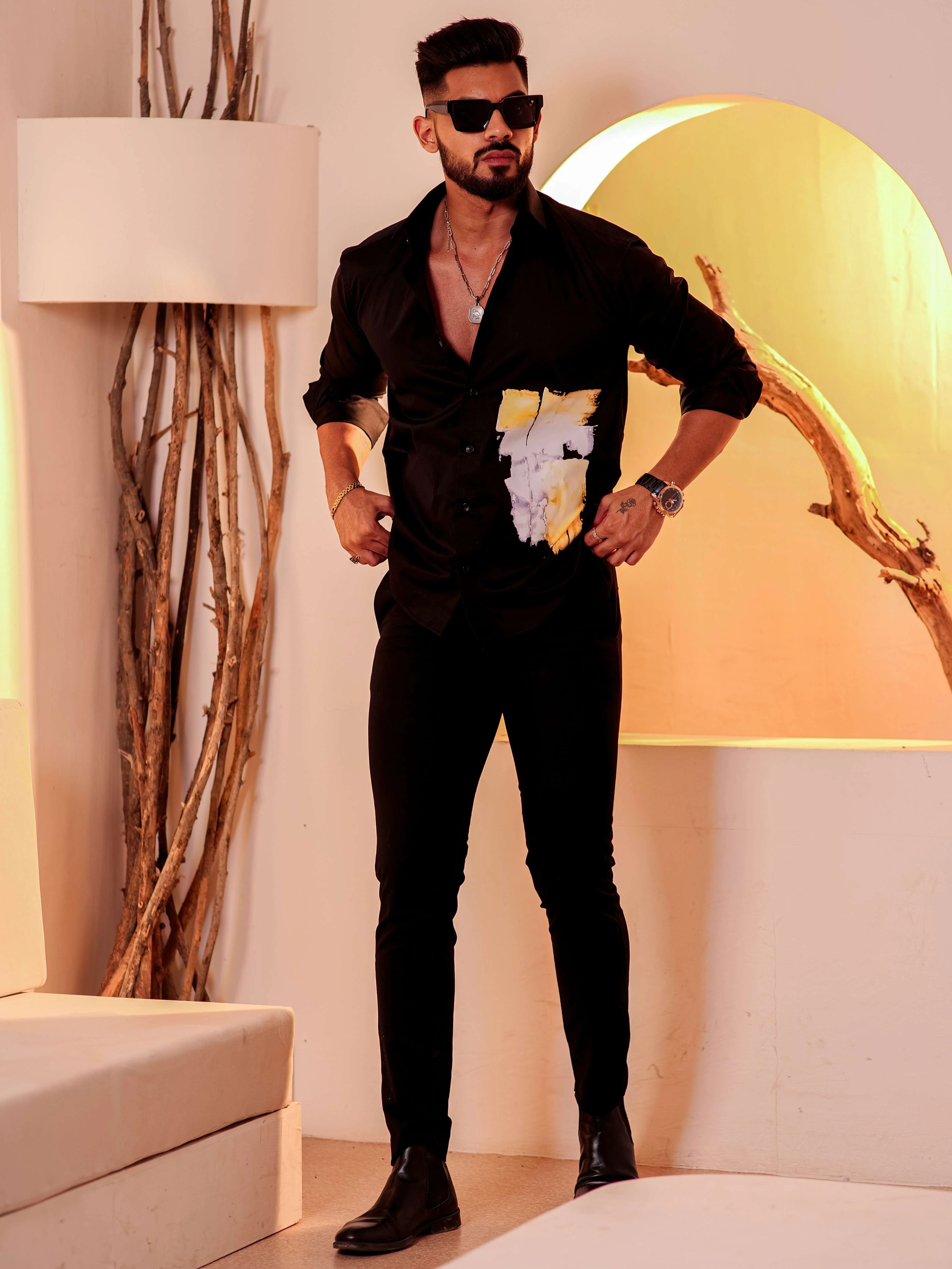 Black Club Wear Printed Satin Cotton Shirt - Image 2