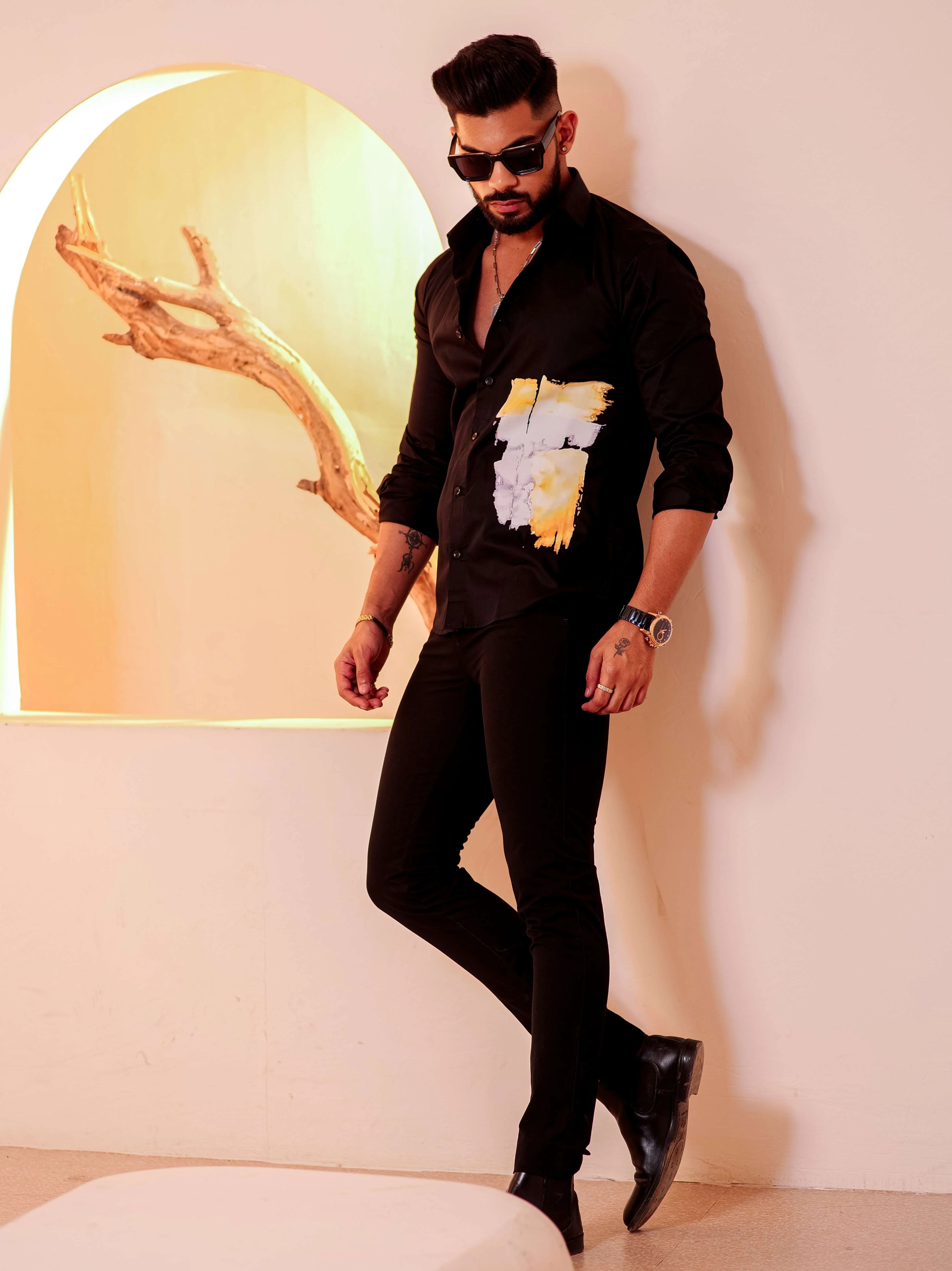 Black Club Wear Printed Satin Cotton Shirt - Image 3