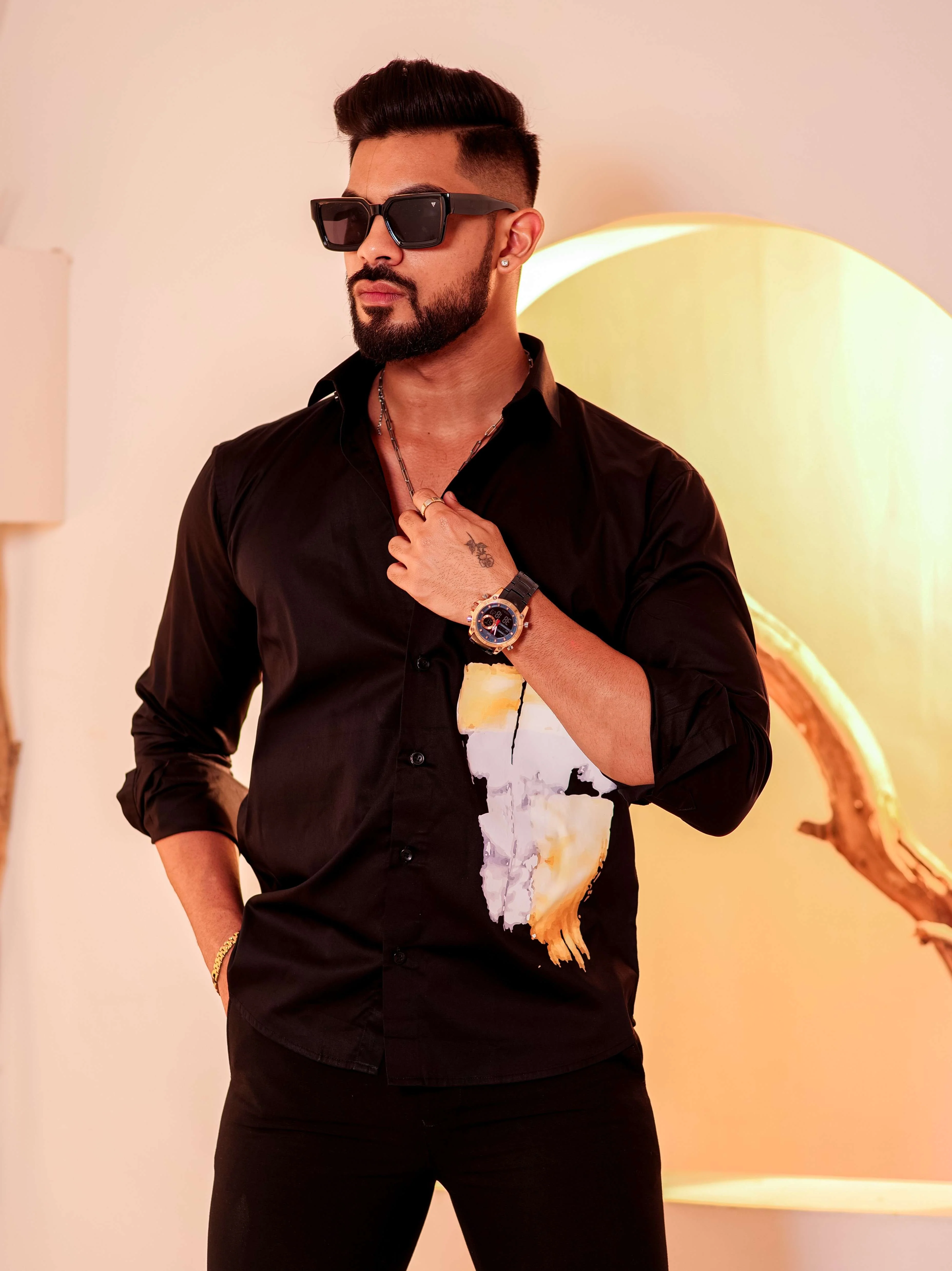 Black Club Wear Printed Satin Cotton Shirt - Image 5