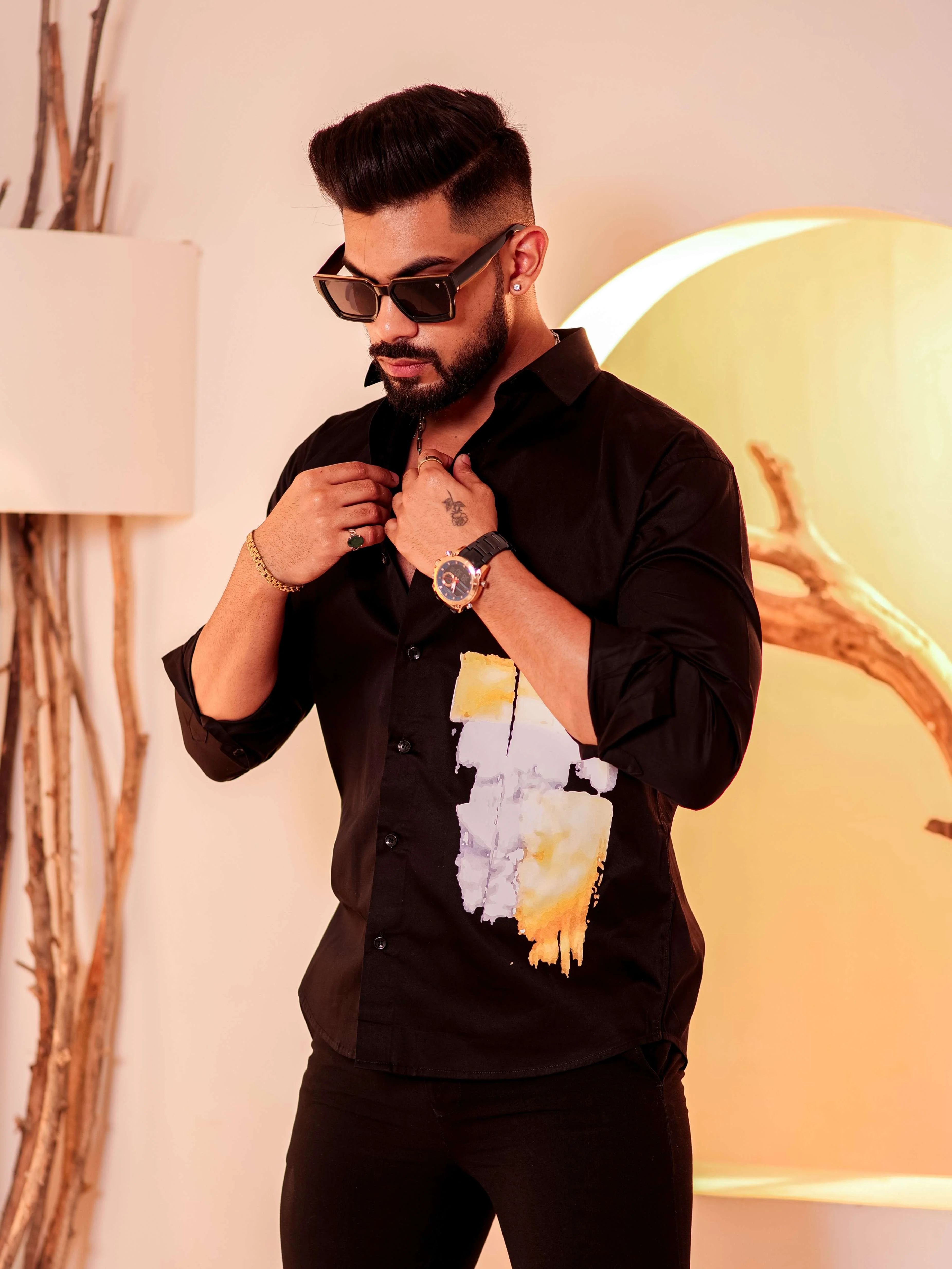 Black Club Wear Printed Satin Cotton Shirt - Image 7
