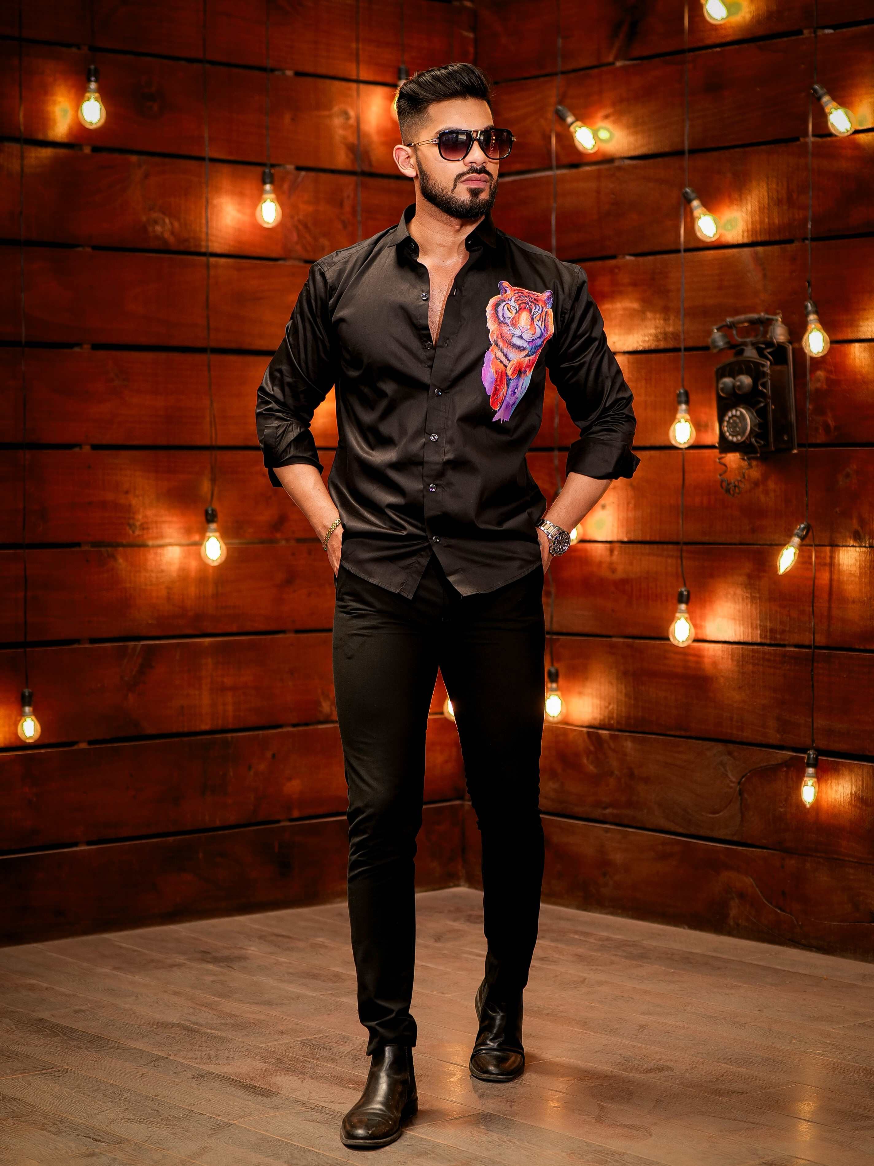 Black Club Wear Printed Satin Cotton Shirt - Image 5