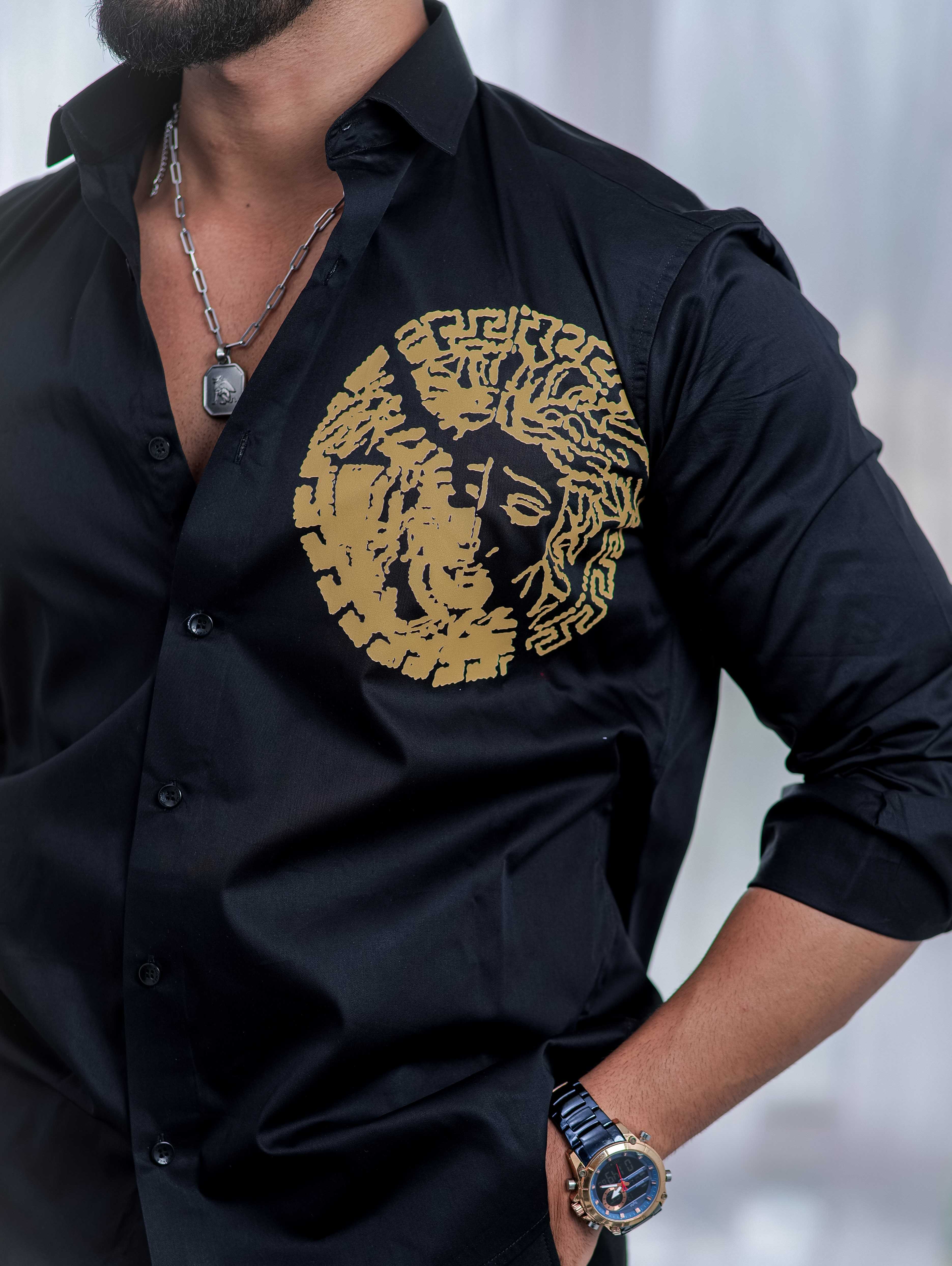 Black Club Wear Printed Satin Cotton Shirt - Image 2