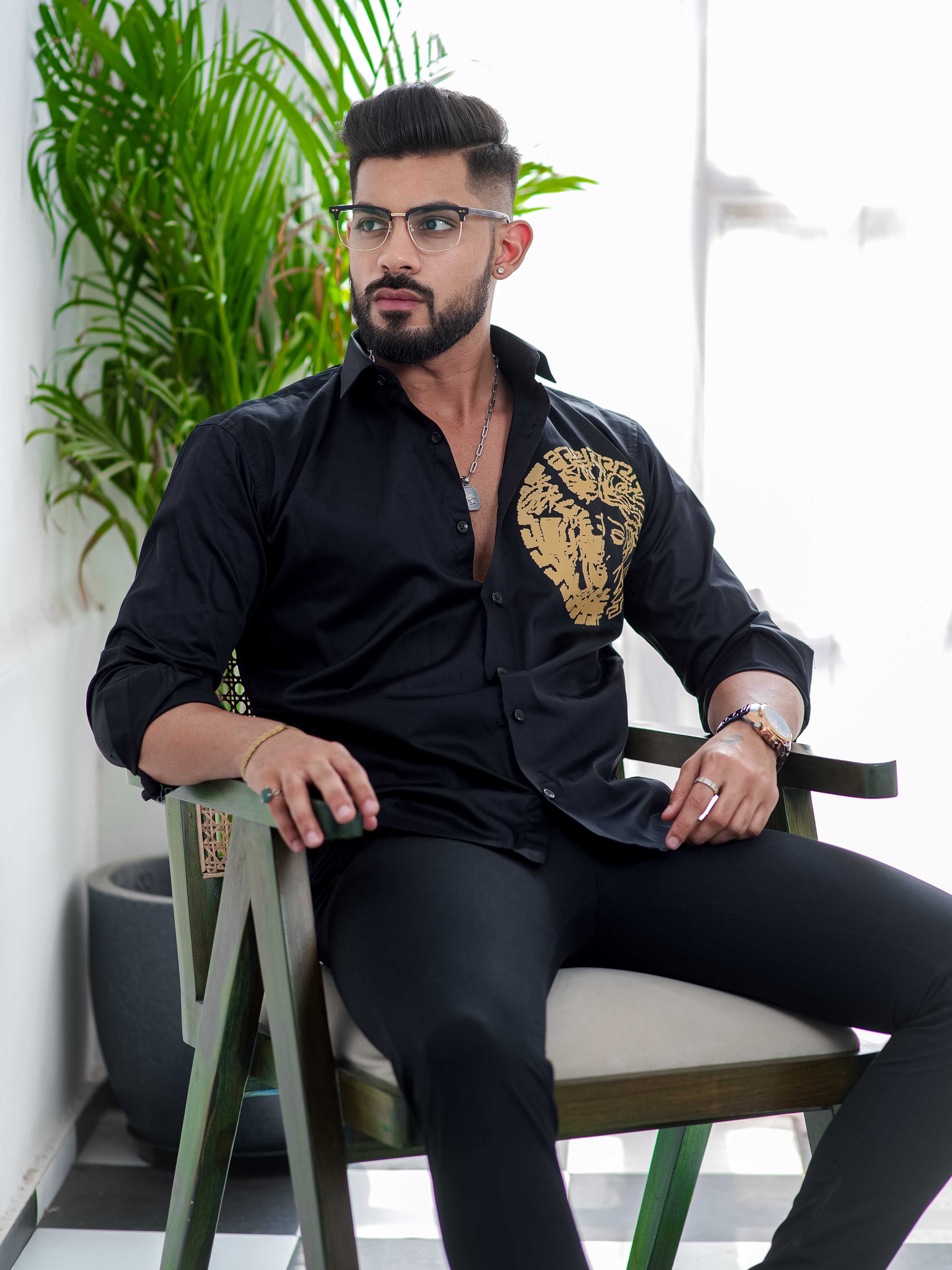 Black Club Wear Printed Satin Cotton Shirt - Image 3