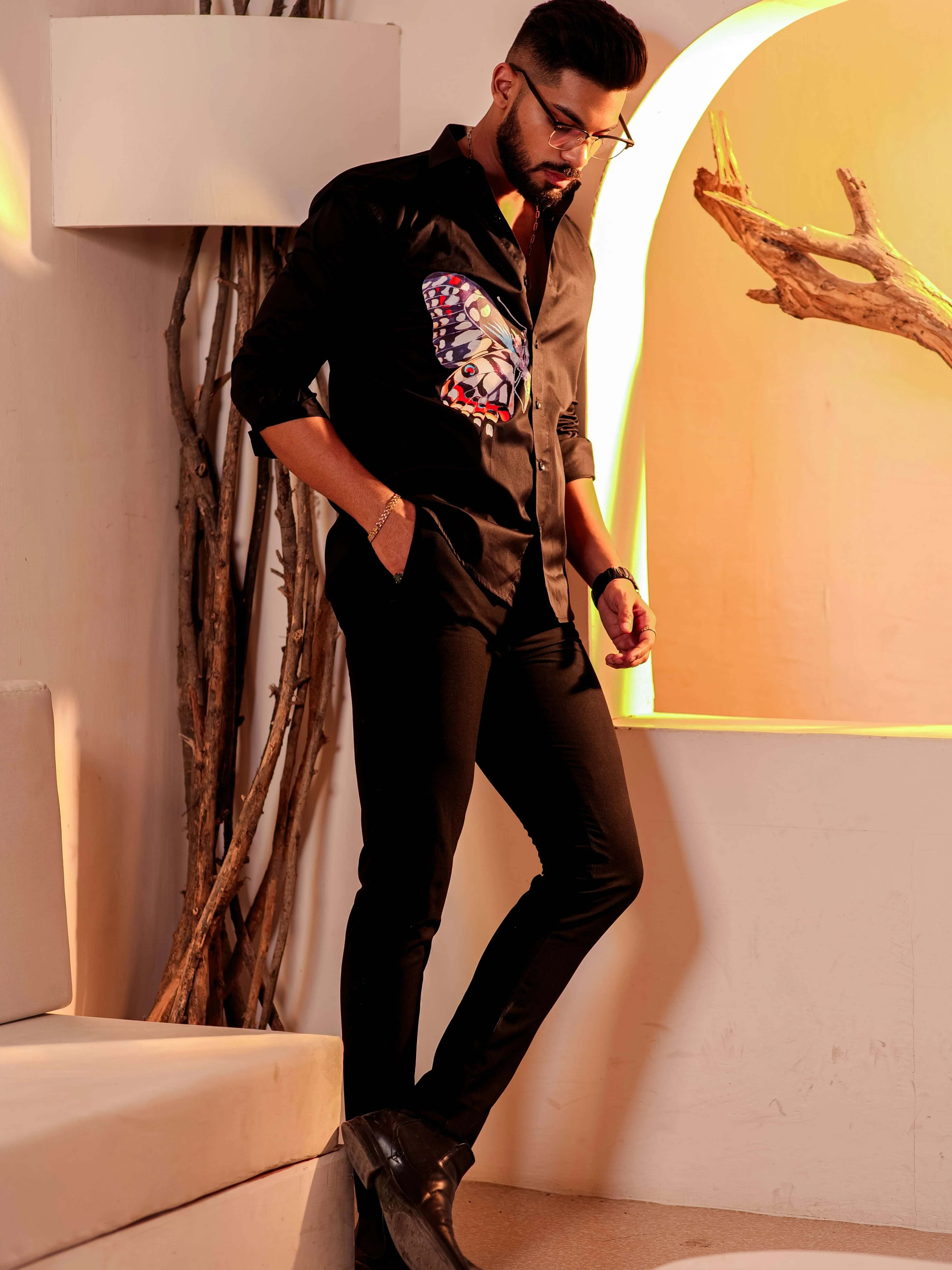 Black Club Wear Printed Satin Cotton Shirt - Image 5