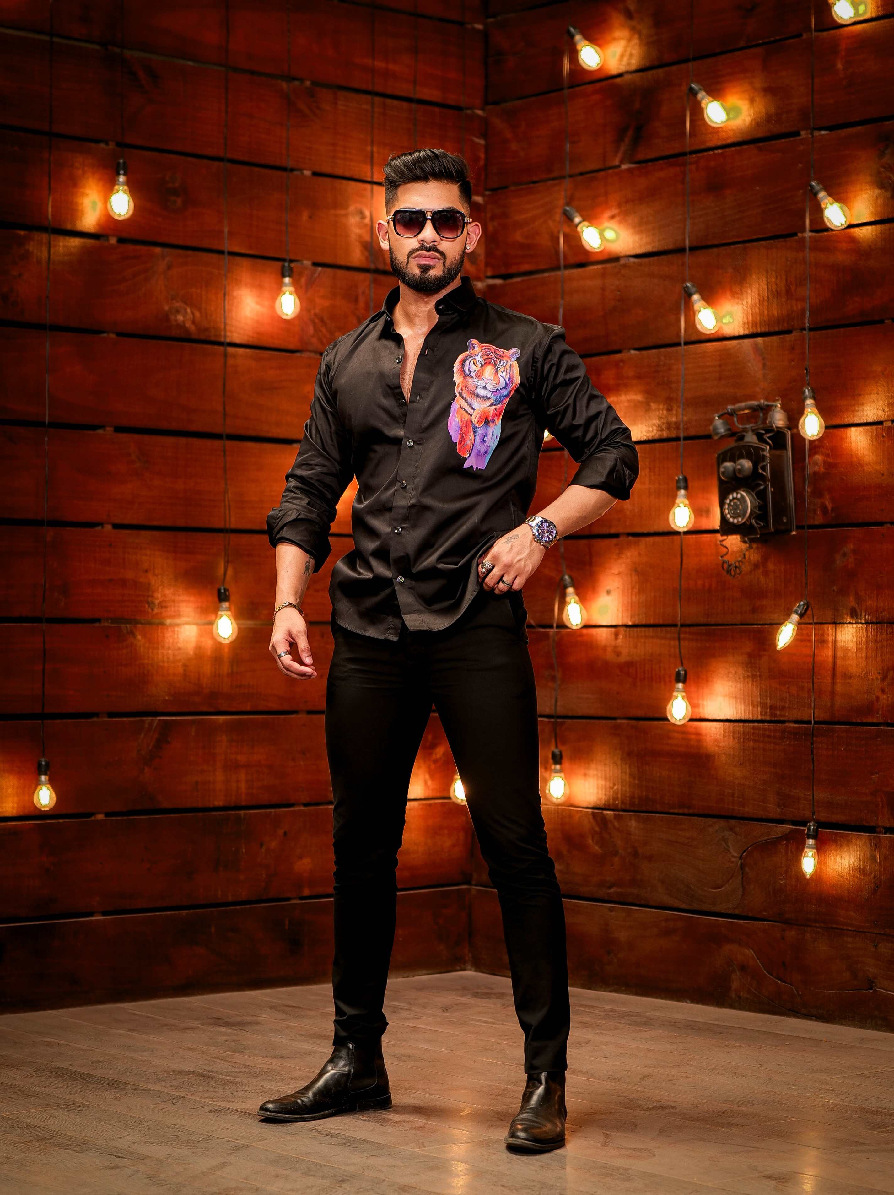 Black Club Wear Printed Satin Cotton Shirt - Image 7