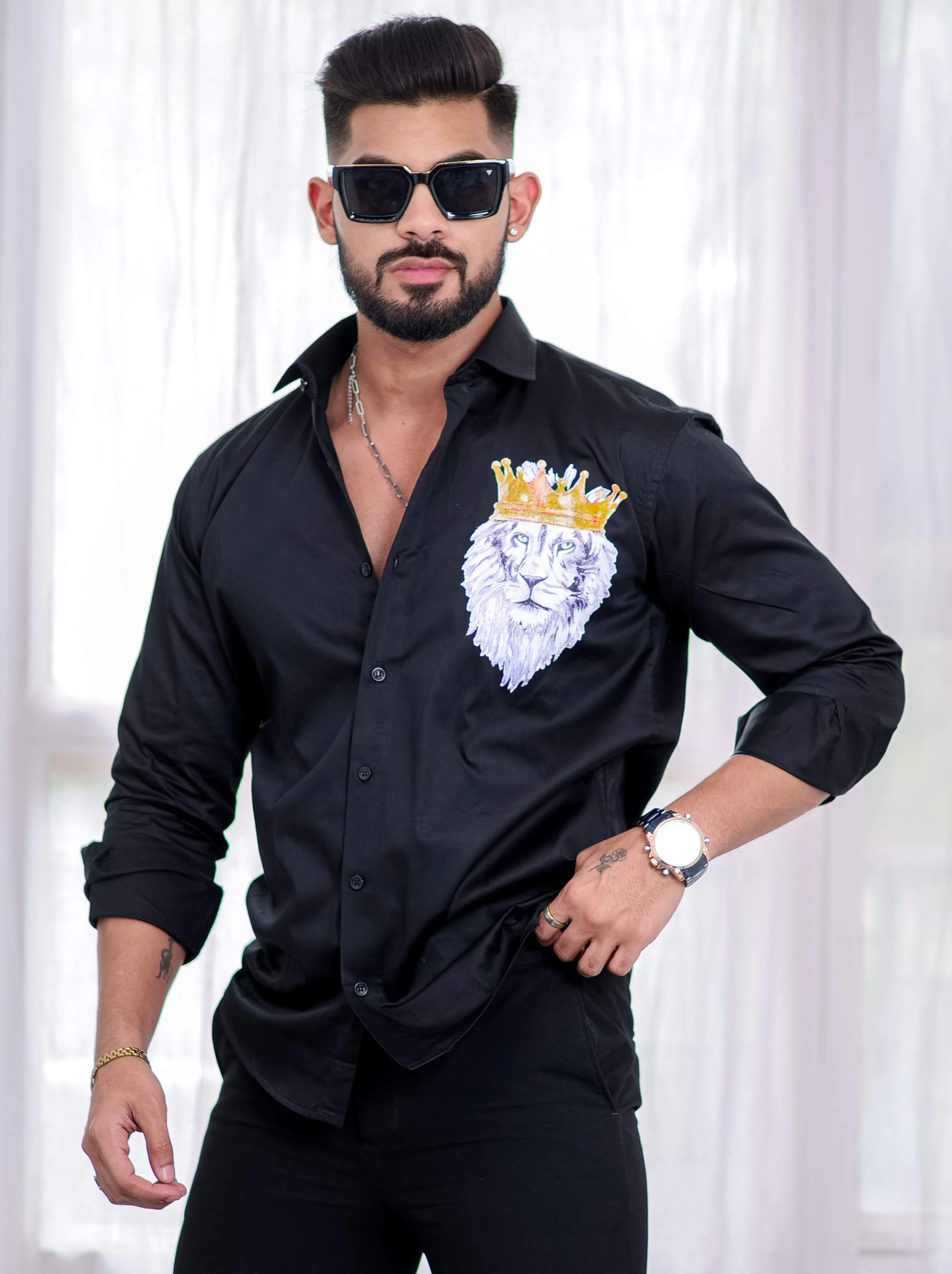 Black Club Wear Printed Satin Cotton Shirt - Image 5