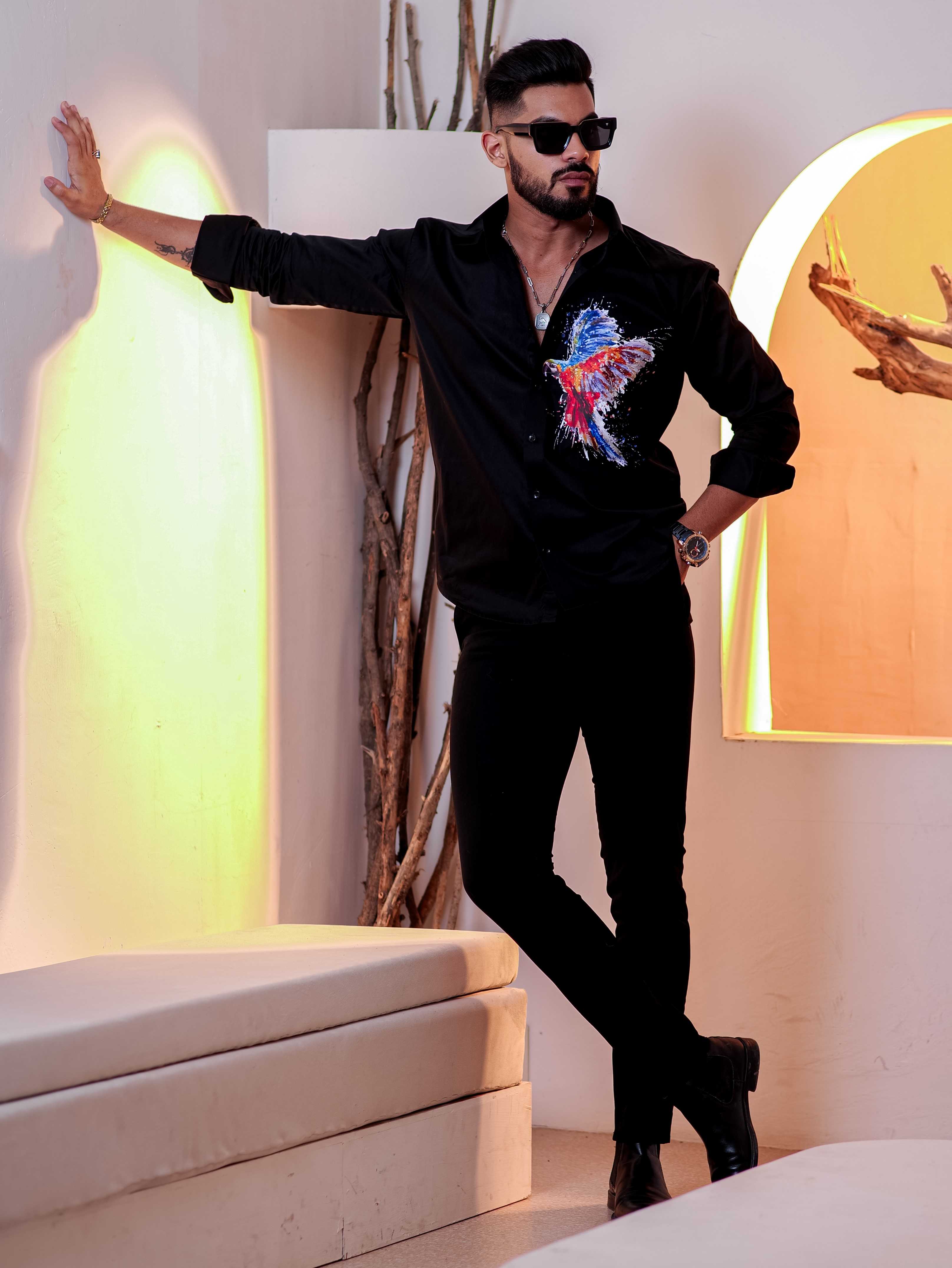 Black Club Wear Printed Satin Cotton Shirt - Image 4