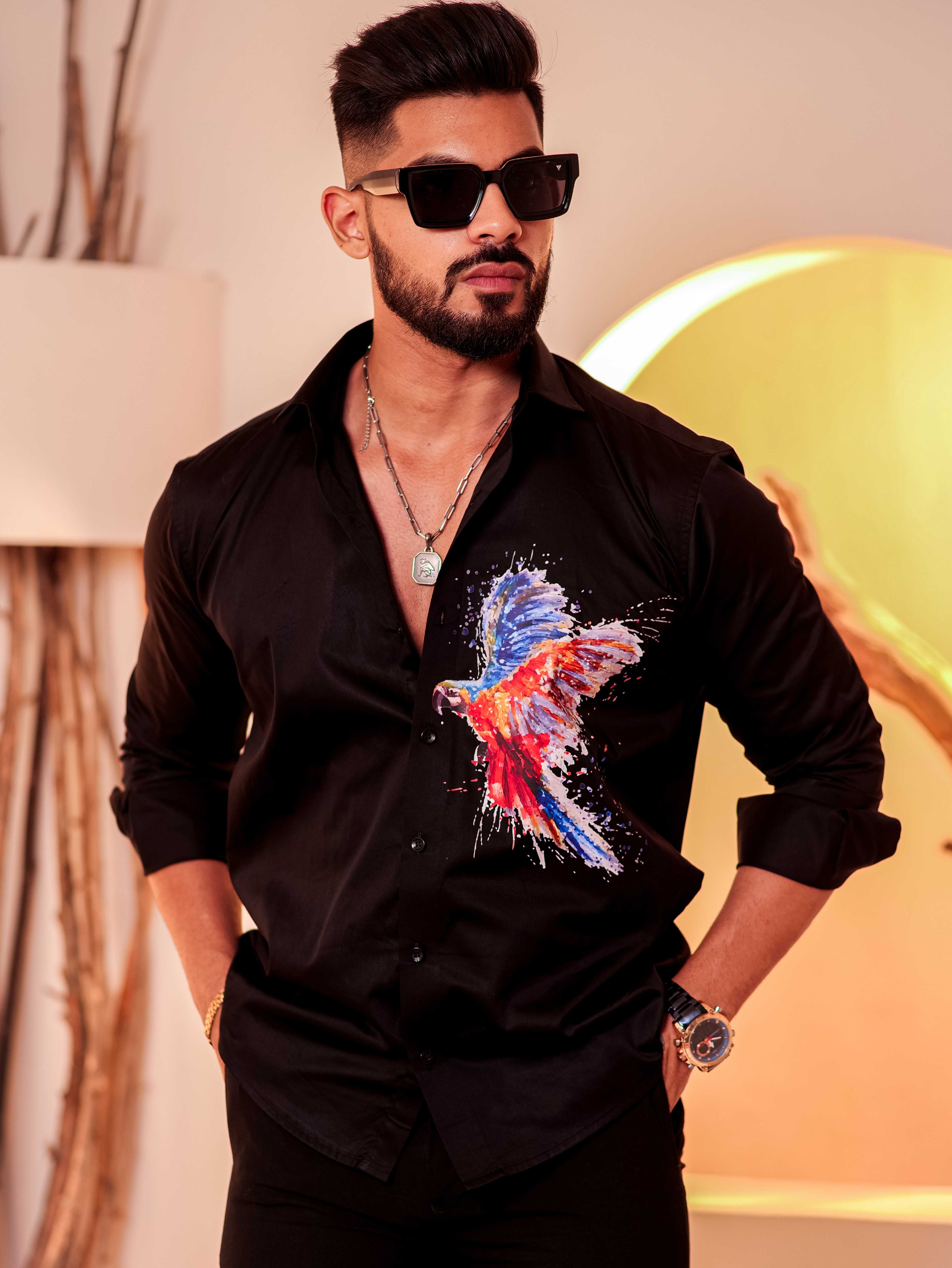 Black Club Wear Printed Satin Cotton Shirt - Image 5