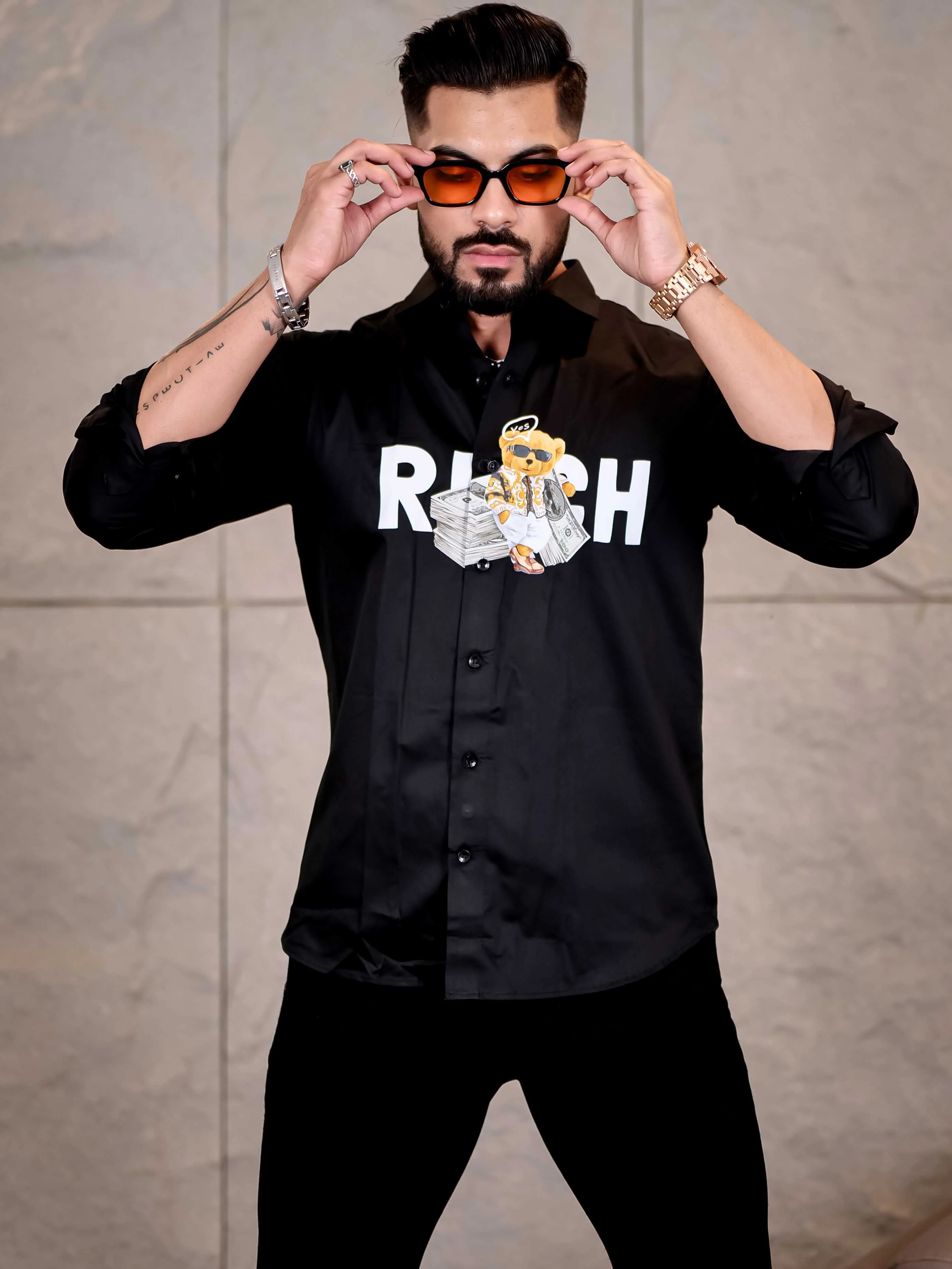 Black Club Wear Rich Printed Satin Cotton Shirt - Image 5