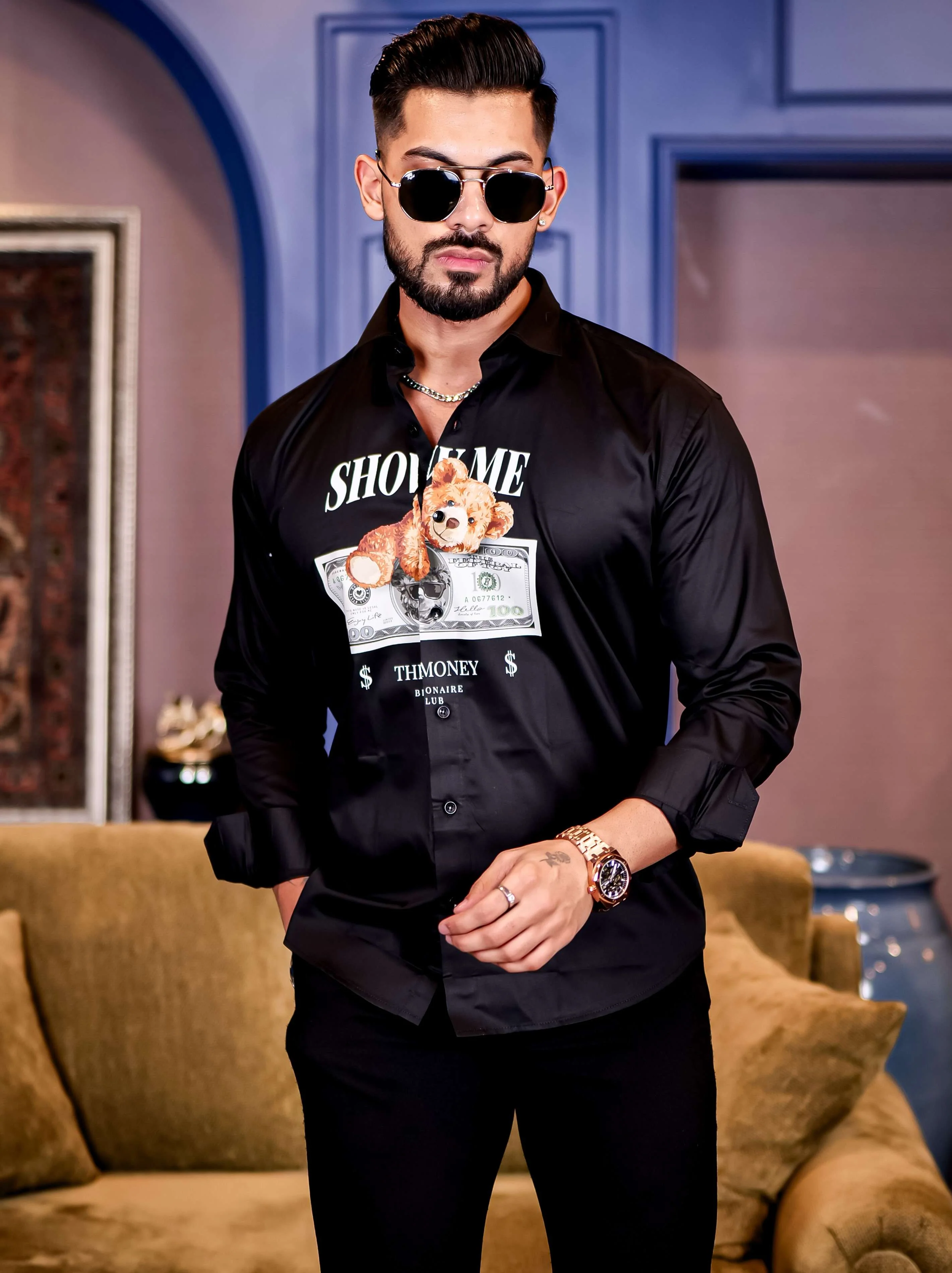 Black Club Wear Billionaire Printed Satin Cotton Shirt - Image 4