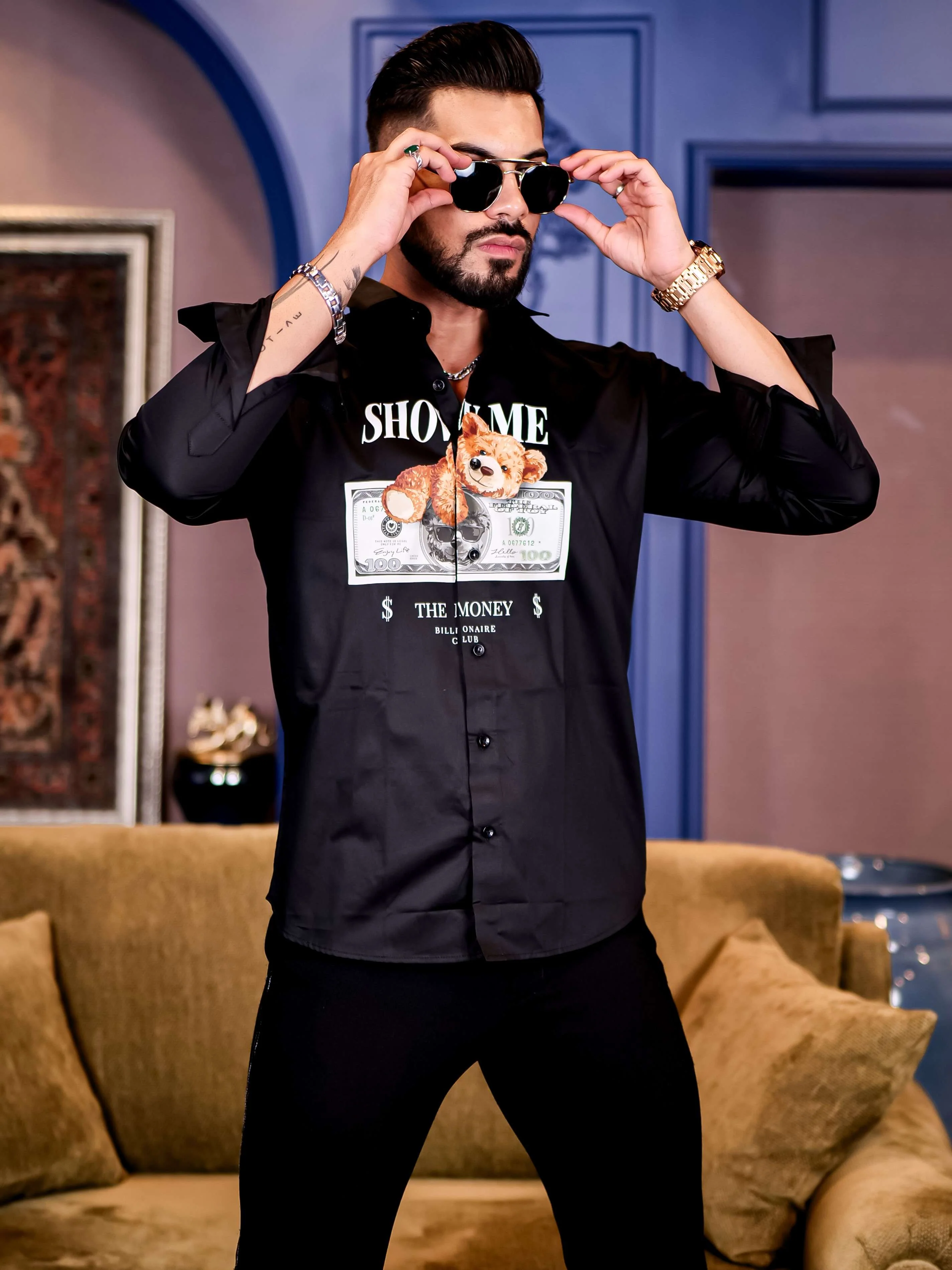 Black Club Wear Billionaire Printed Satin Cotton Shirt - Image 5