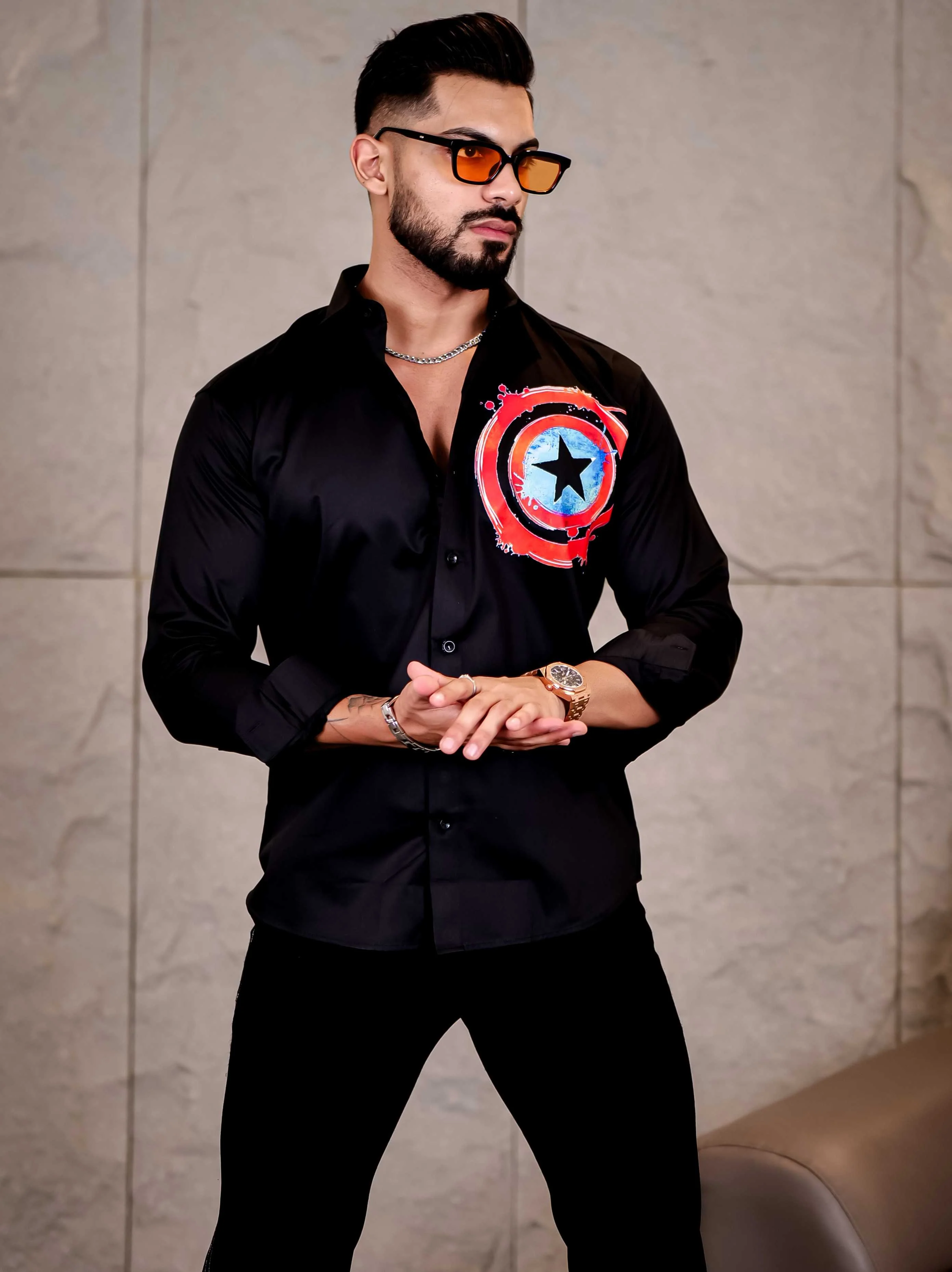 Black Club Wear Shield Printed Satin Cotton Shirt - Image 4