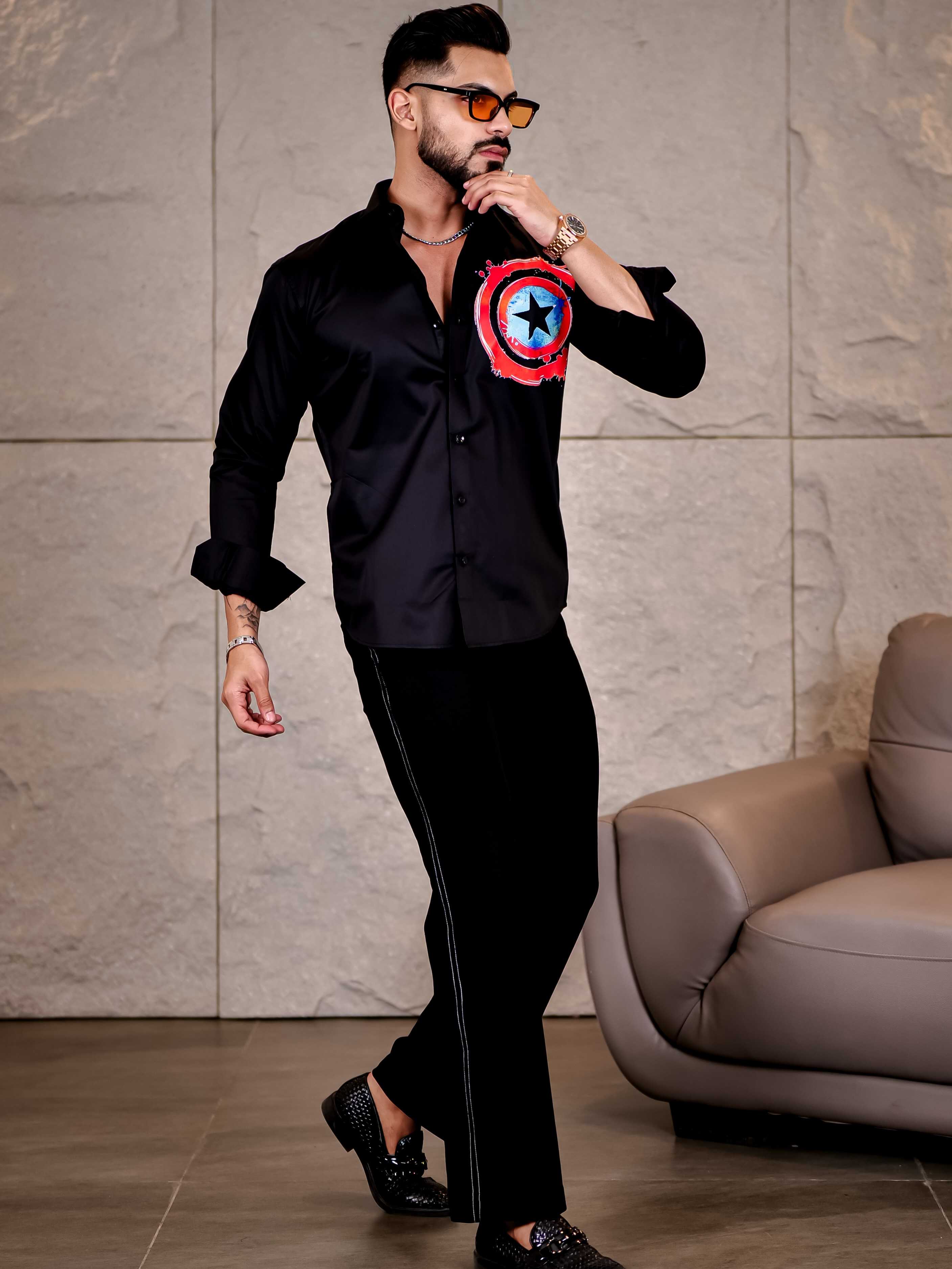 Black Club Wear Shield Printed Satin Cotton Shirt - Image 5
