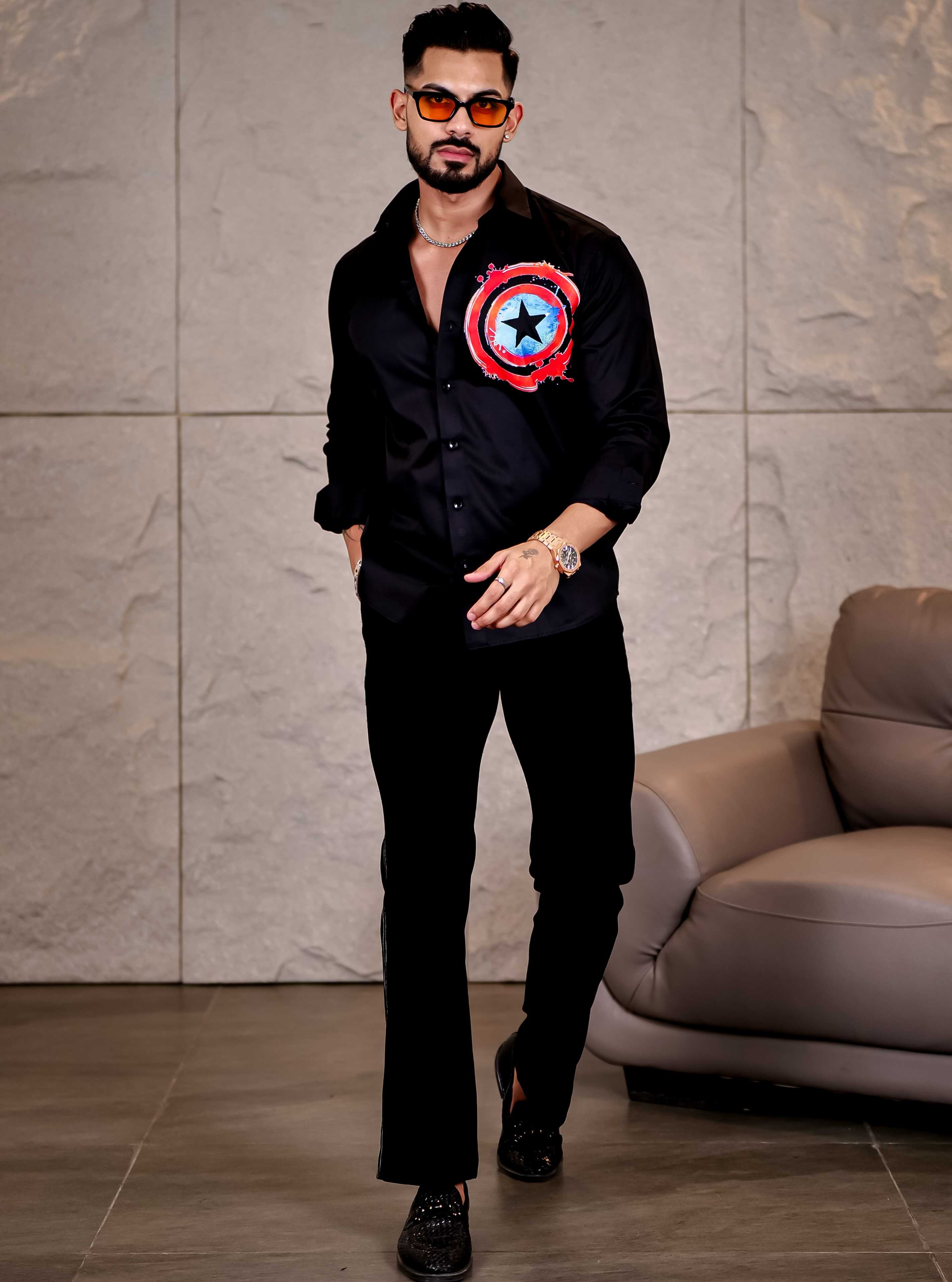 Black Club Wear Shield Printed Satin Cotton Shirt - Image 7
