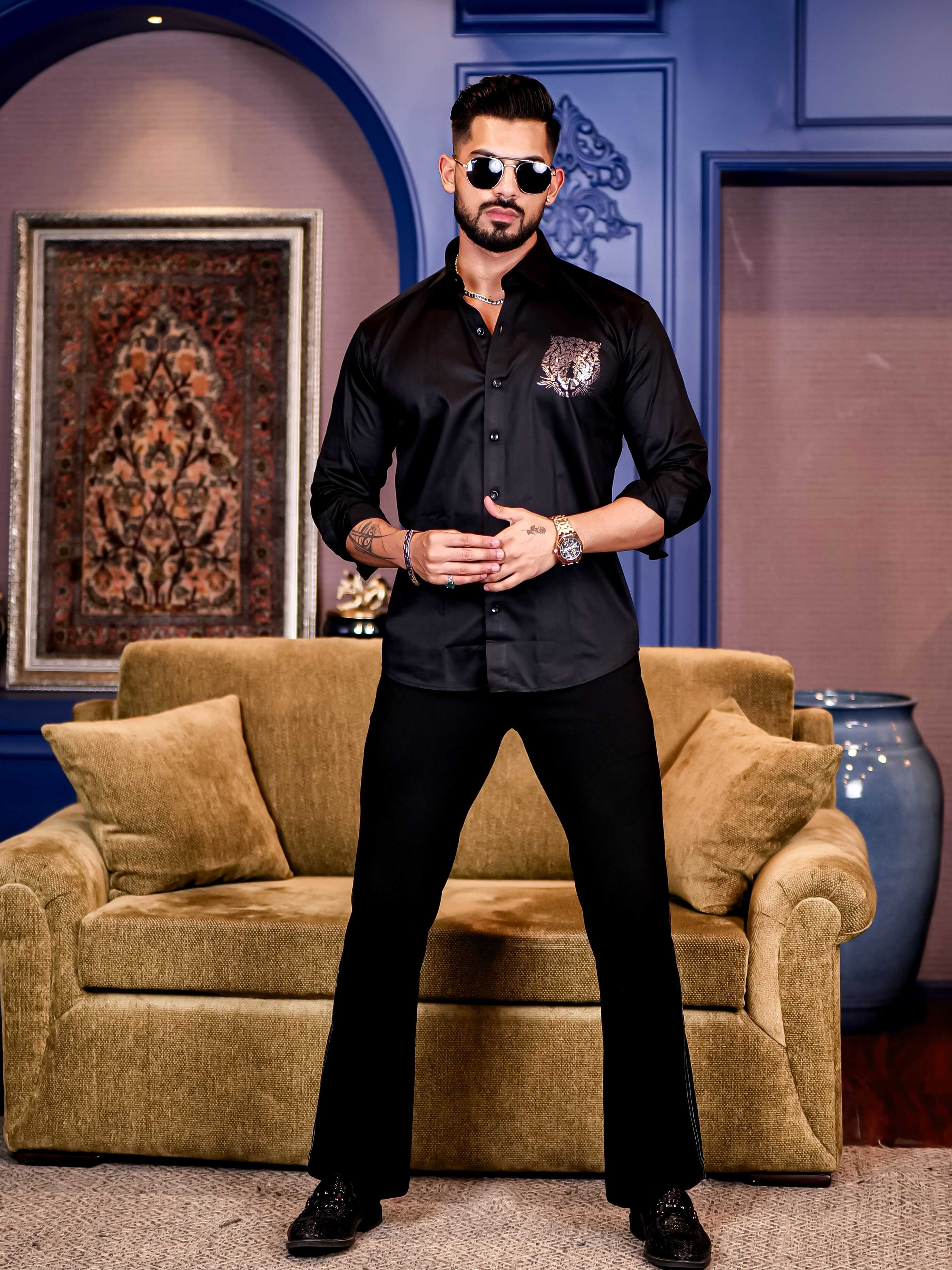 Black Club Wear Tiger Sequence Satin Cotton Party Shirt - Image 5
